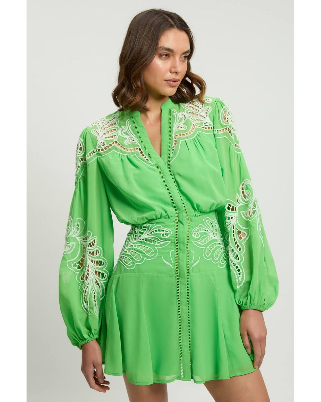Karen Millen Green Cutwork Beaded Embroidered Woven Mini Dress