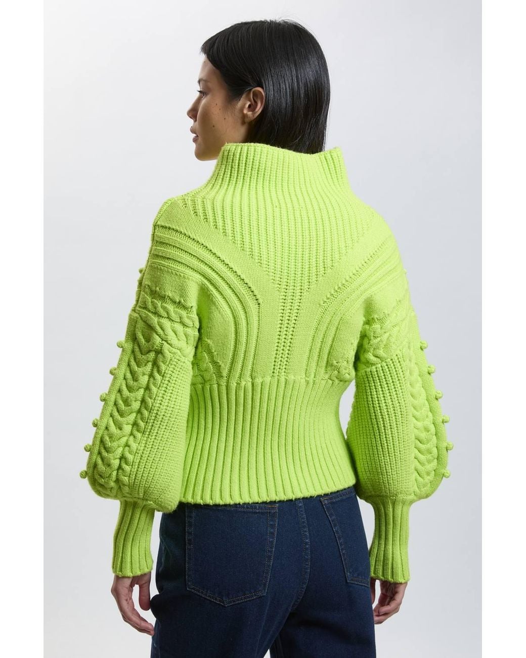 Karen Millen Green Petite Bobble Detail Balloon Sleeve Cable Knit Viscose Blend Jumper