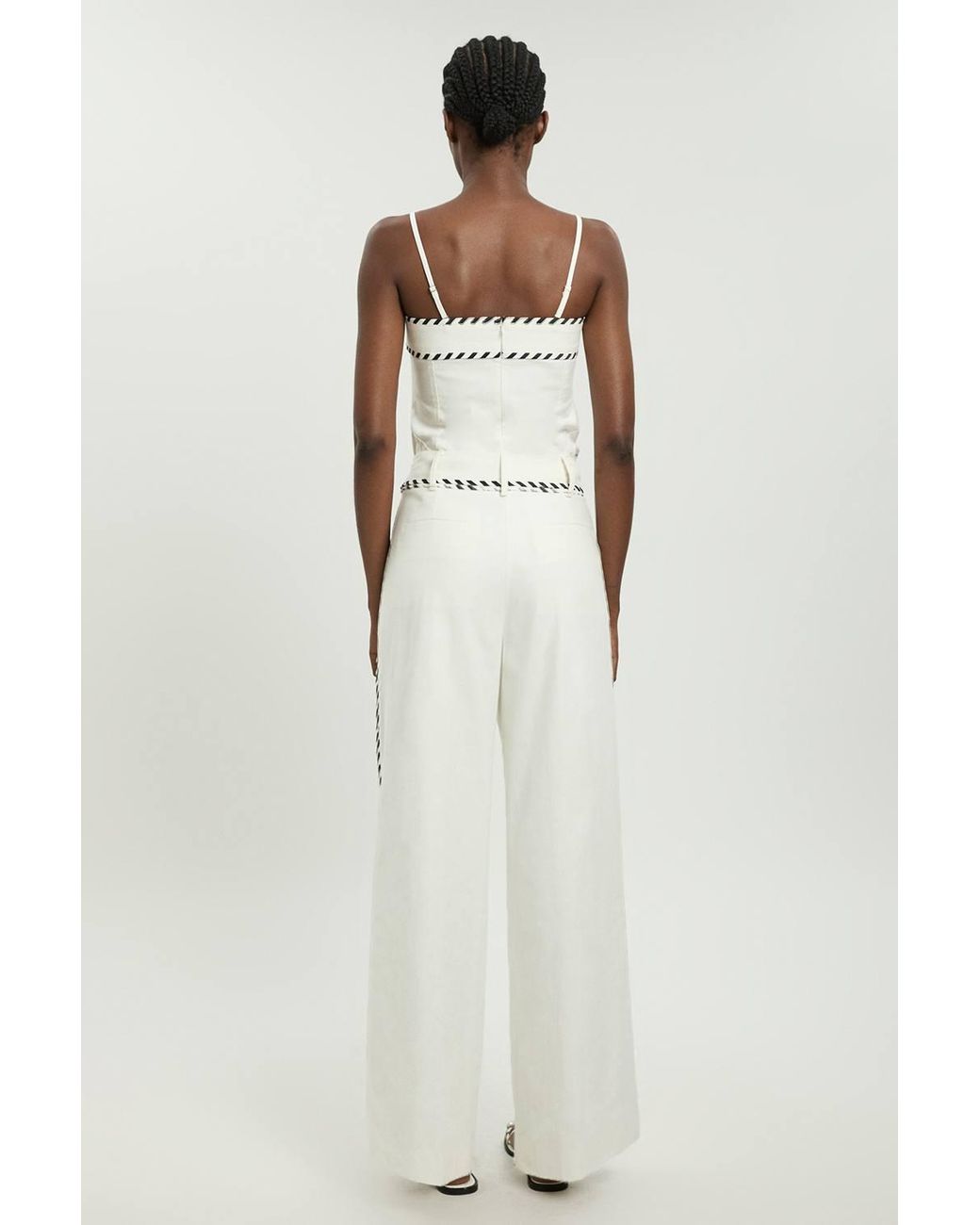 Karen Millen White Petite Tailored Linen Blend Contrast Stitch Straight Leg Trouser