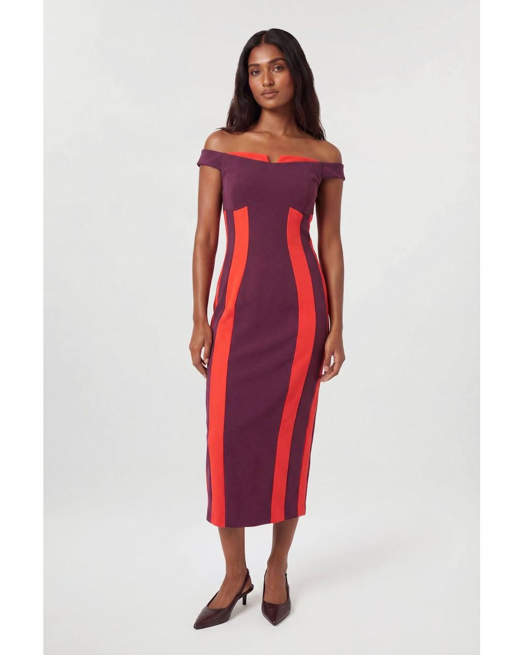 Karen Millen Red Compact Stretch Colour Block Bardot Midi Dress