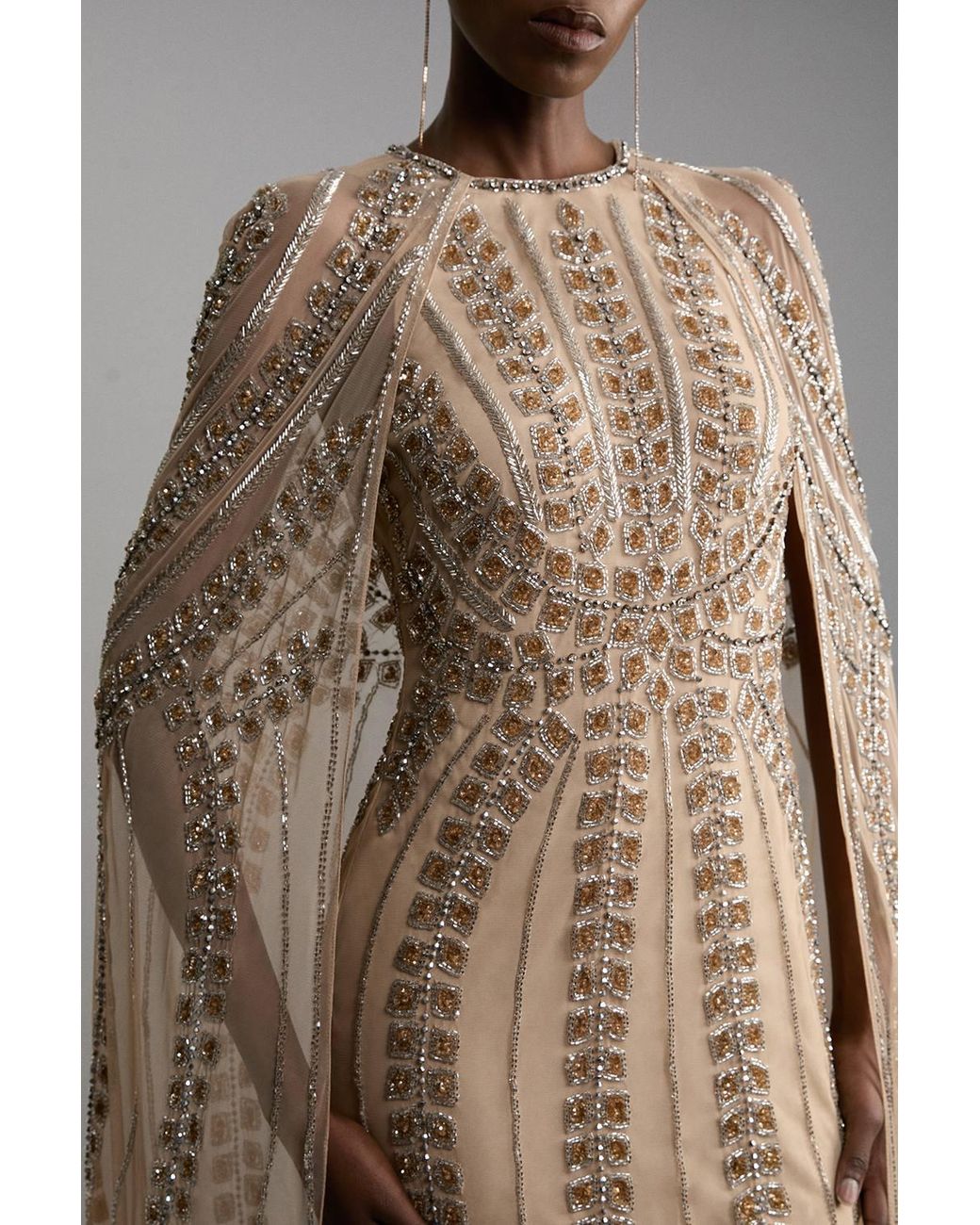 Karen Millen Brown Petite Premium Embellished Cape Maxi Dress