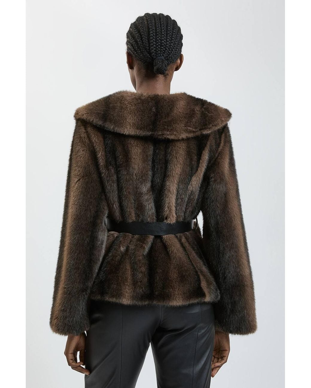 Karen Millen Black Faux Fur Oversize Collar Belted Short Coat