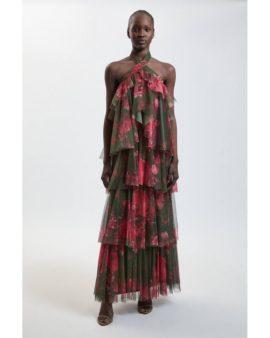 Karen Millen Green Floral Print Layered Tulle Halterneck Maxi Dress