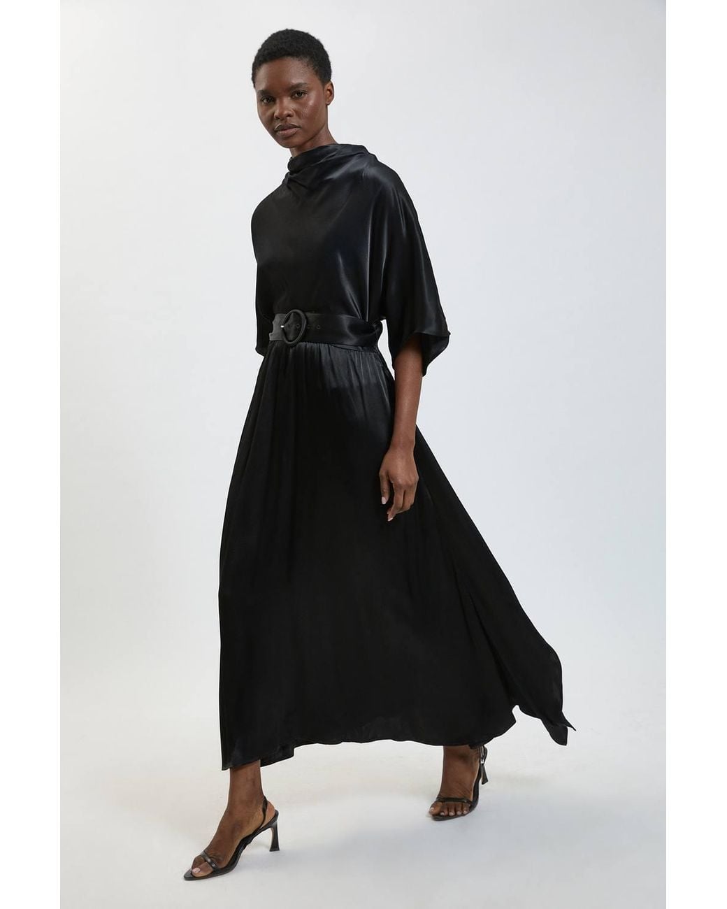 Karen Millen Black Petite Viscose Satin Asymmetric Ruffle Midi Dress