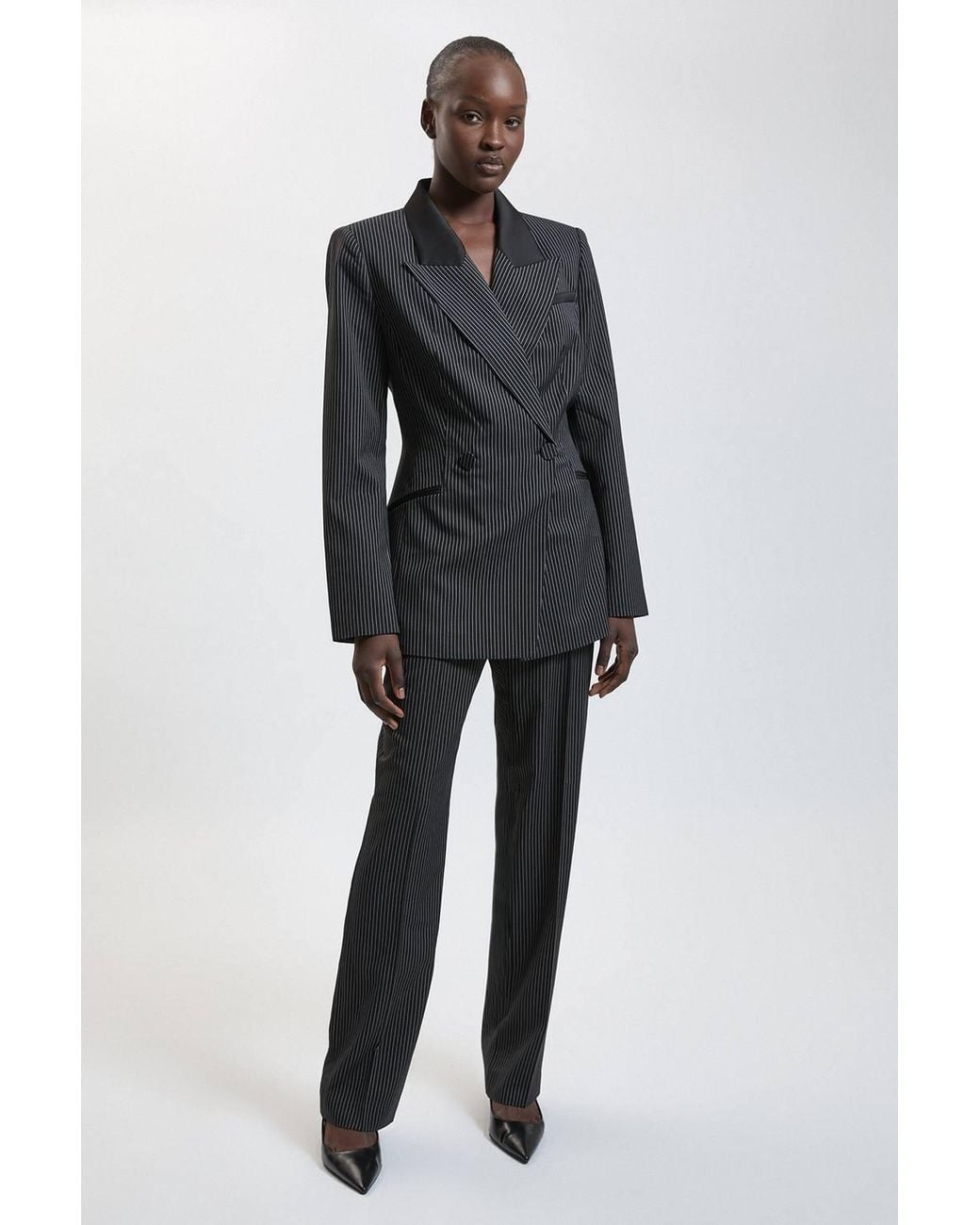 Karen Millen Black Pinstripe Tailored Wide Leg Trouser