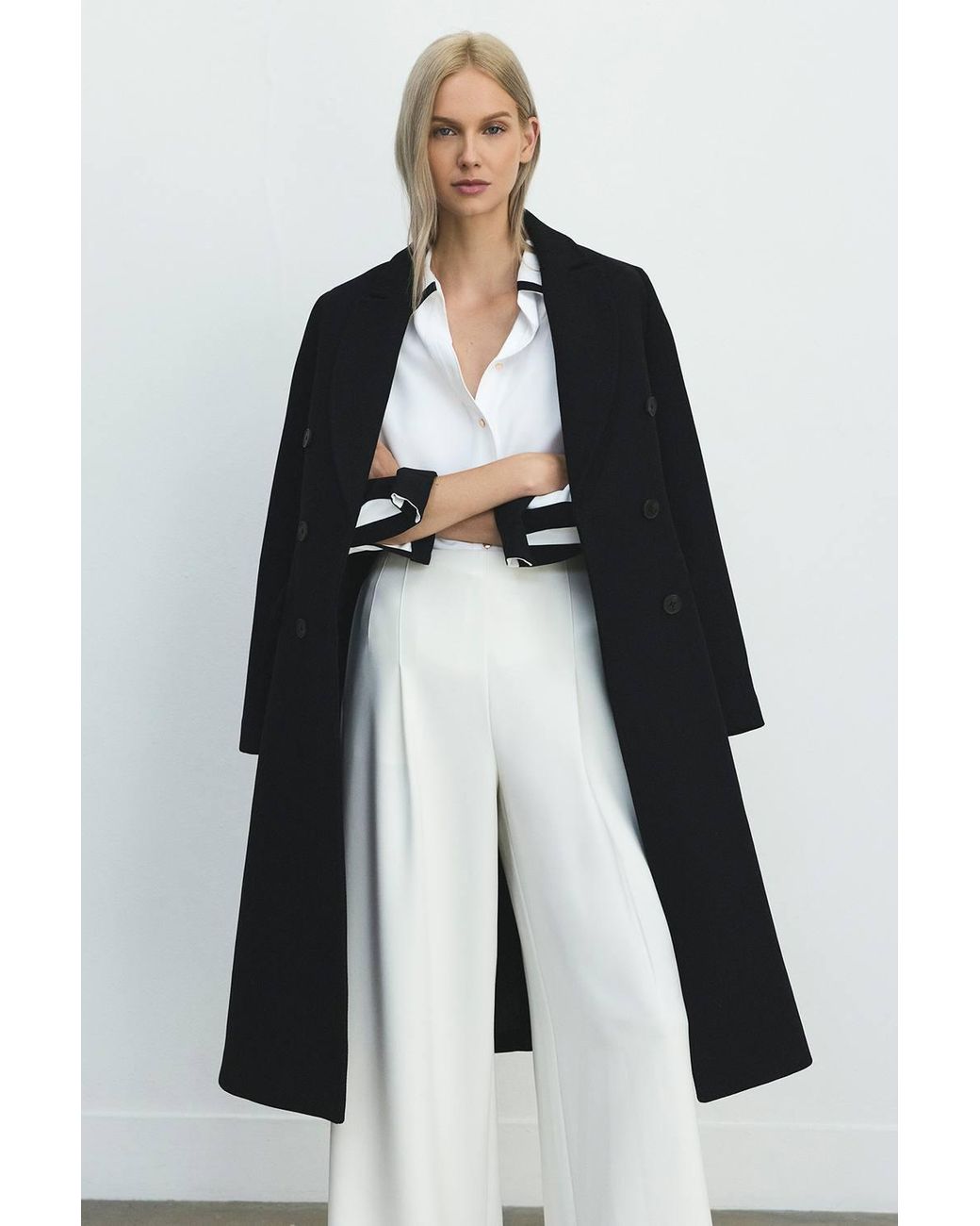 Karen Millen Black Forever Wool Double Breasted Tailored Midi Coat
