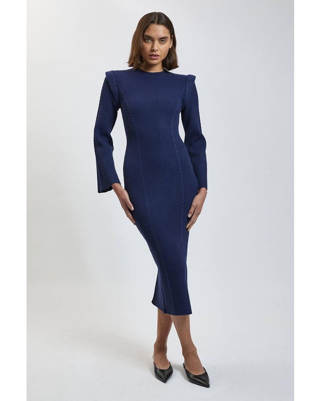 Karen Millen Blue Chain Stitch Wide Shoulder Knitted Midi Dress