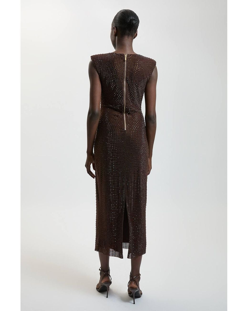 Karen Millen Brown Premium Crystal Embellished Jersey Sleeveless Plunge Neck Midi Dress