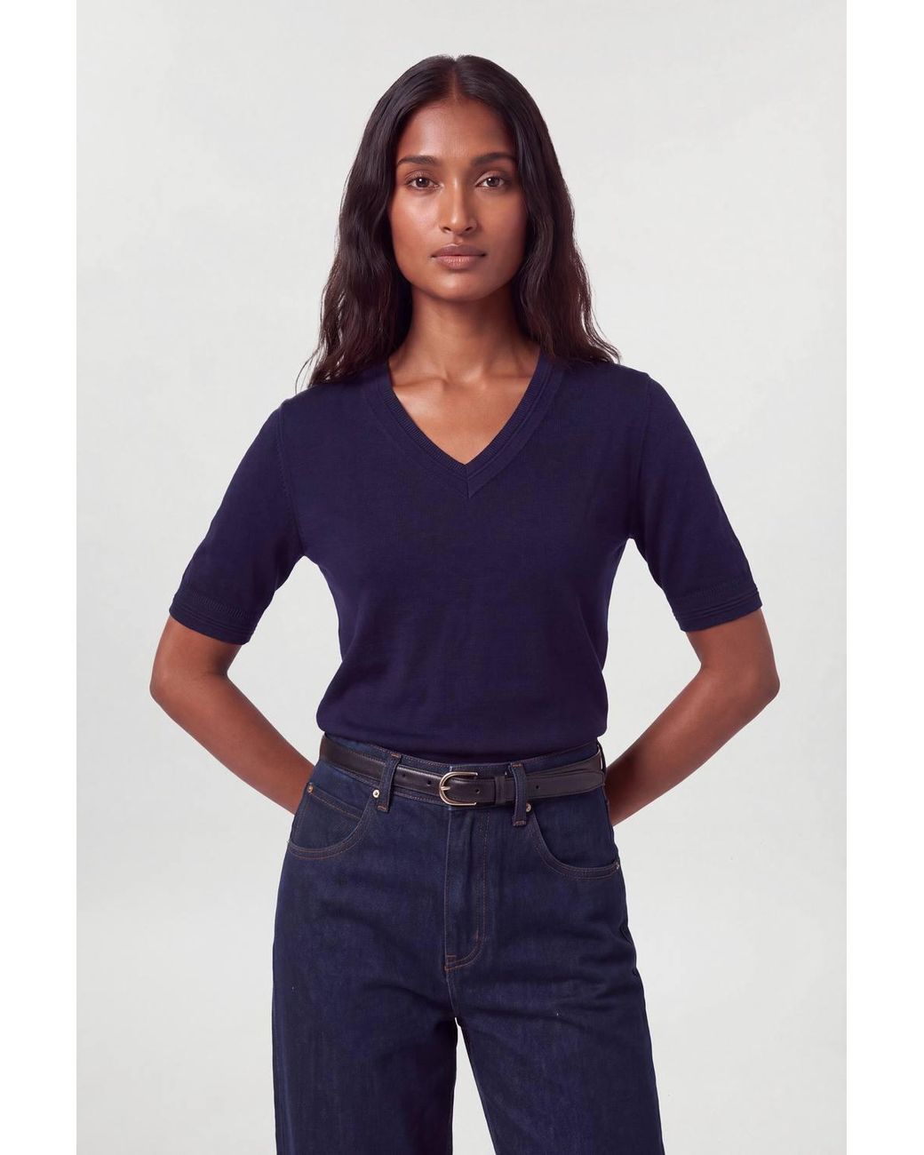 Karen Millen Blue Forever Viscose Blend V Neck Knitted Short Sleeve Top