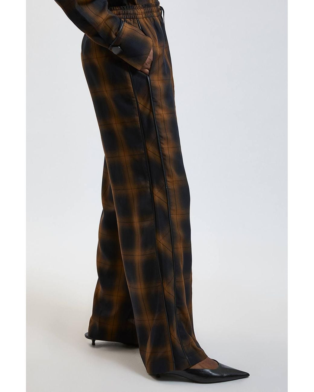 Karen Millen Brown Petite Check Pu Trim Detail Wide Leg Trouser