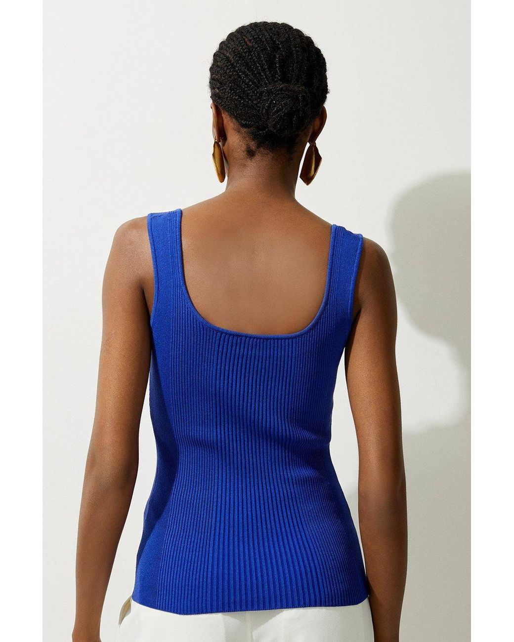 Karen Millen Blue Viscose Blend Rib Knit Square Neck Vest