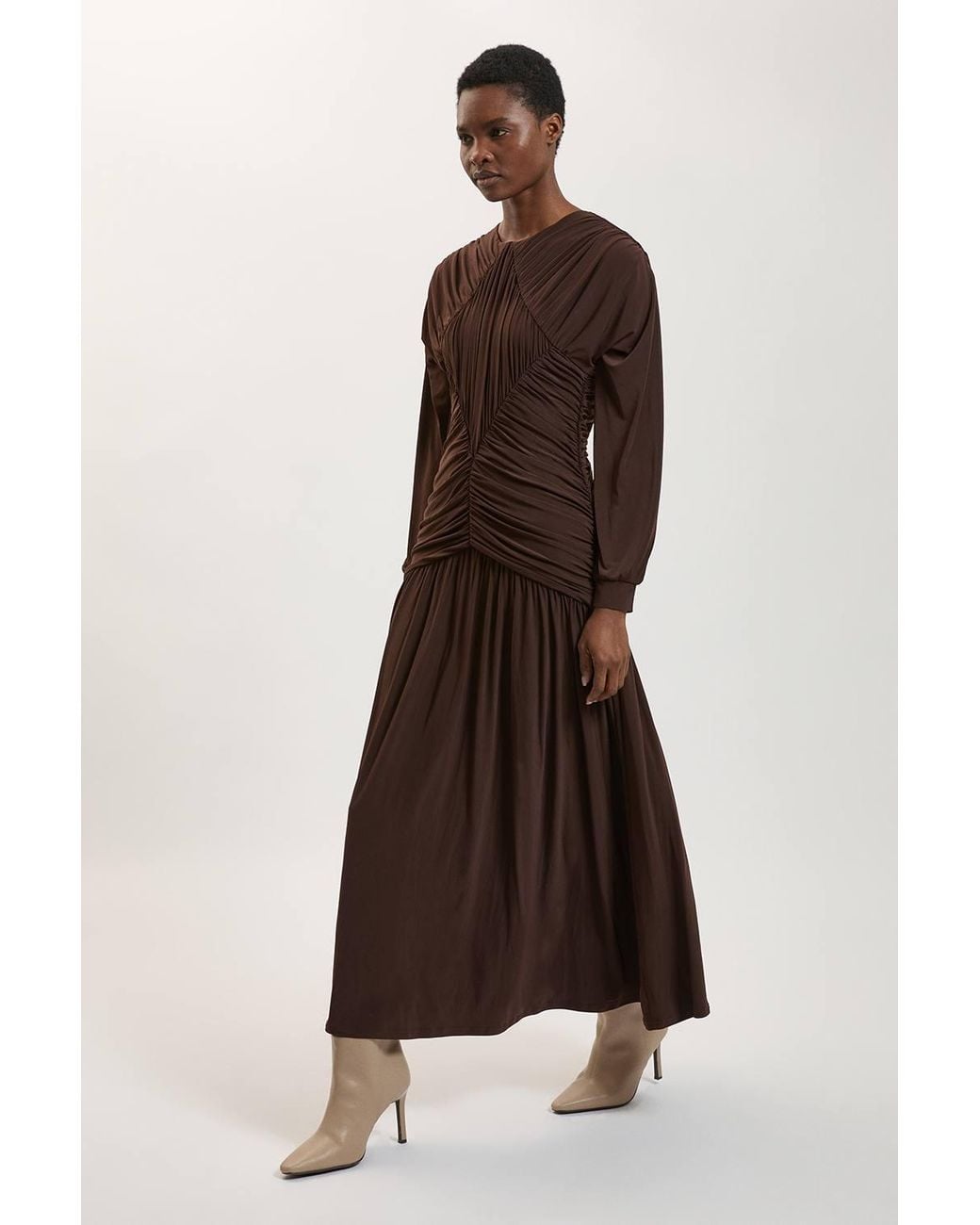 Karen Millen Brown Premium Ruched Long Sleeved Jersey Maxi Dress