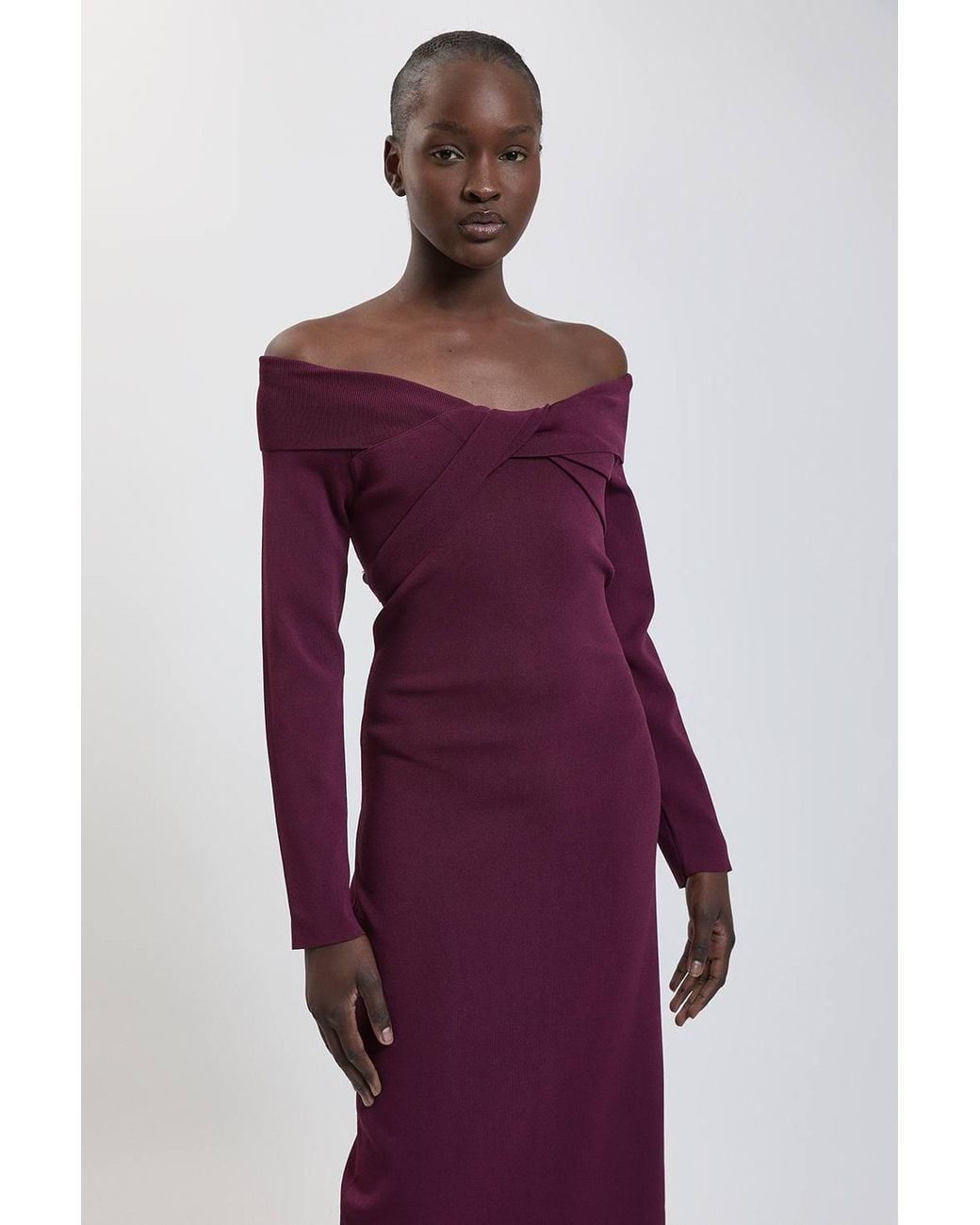 Karen Millen Purple Twist Front Viscose Knitted Bardot Midi Dress