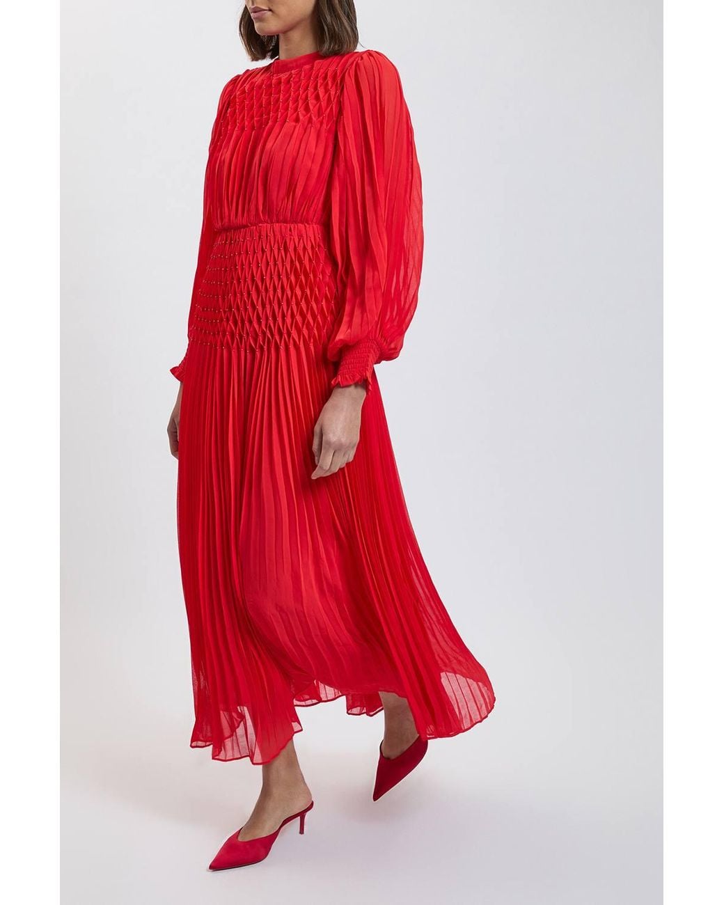 Karen Millen Red Pleated Beaded Detail Balloon Sleeve Maxi Dress