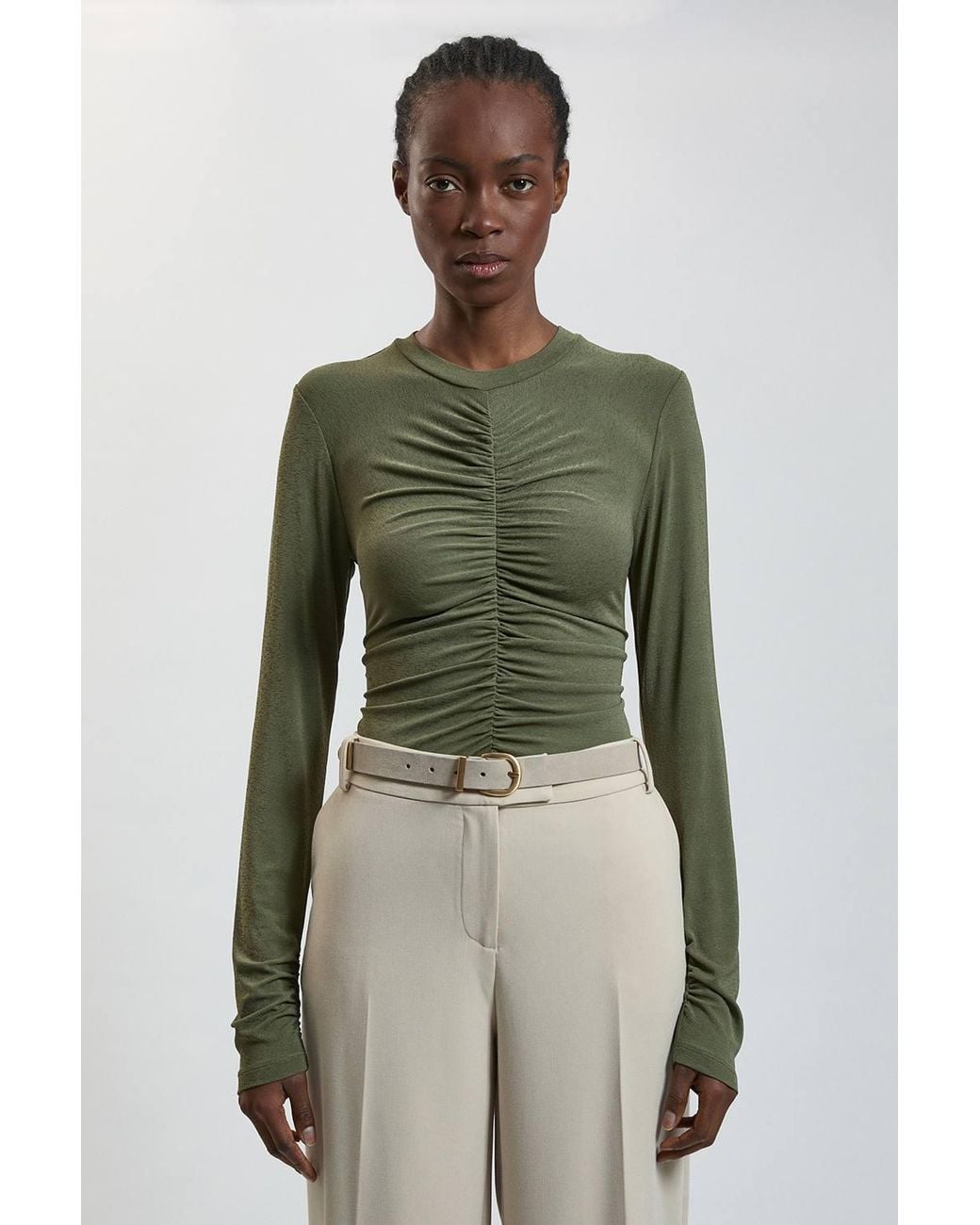 Karen Millen Green Crepe Jersey Ruche Front Top