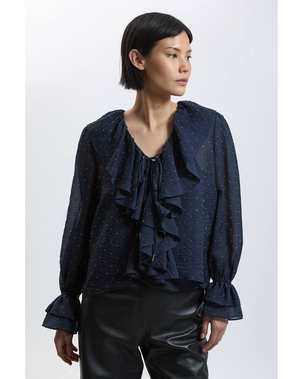 Karen Millen Blue Petite Hotfix Tencel Frill Front Blouse