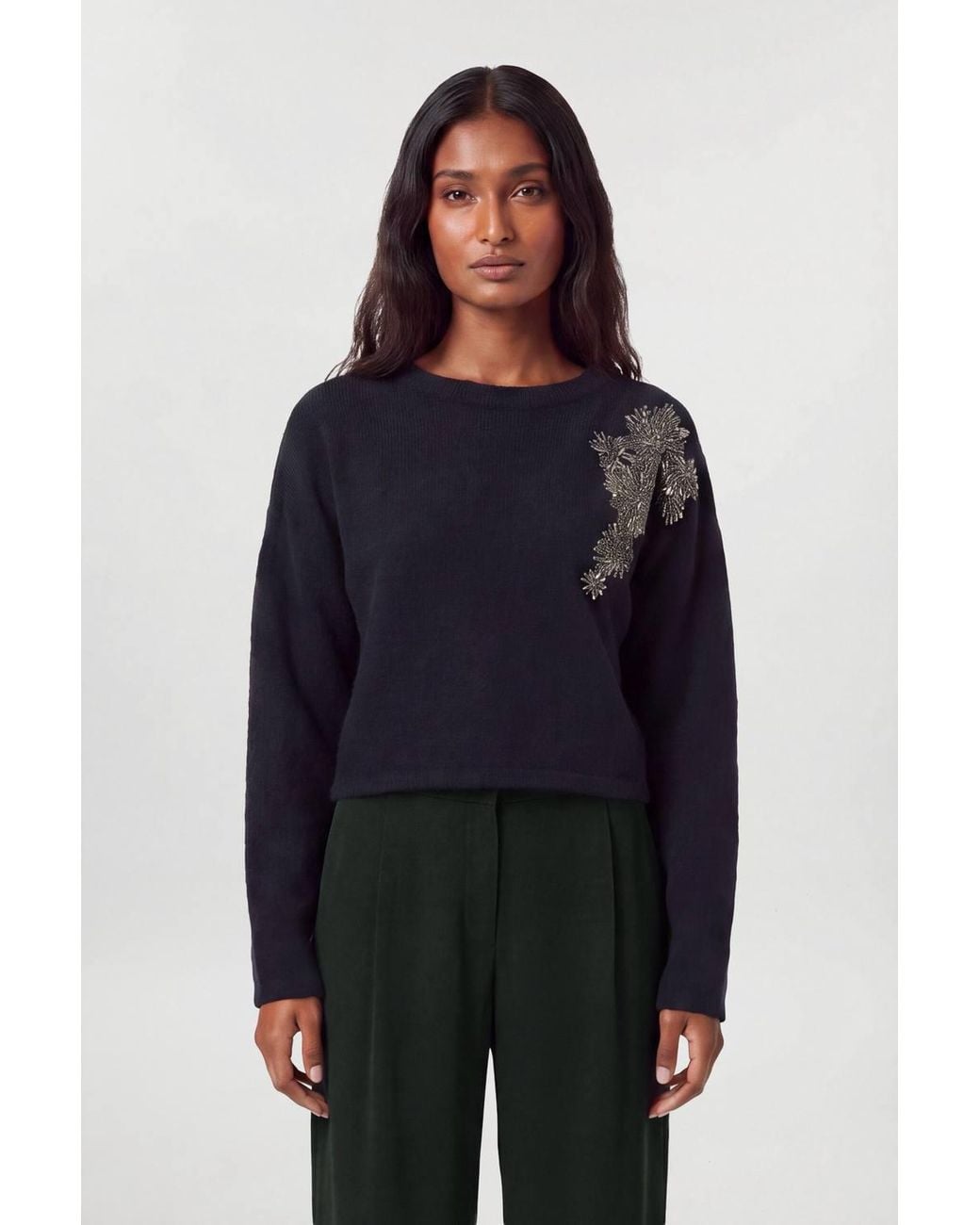 Karen Millen Blue Wool Blend Embellished Cosy Crew Neck Knit Jumper