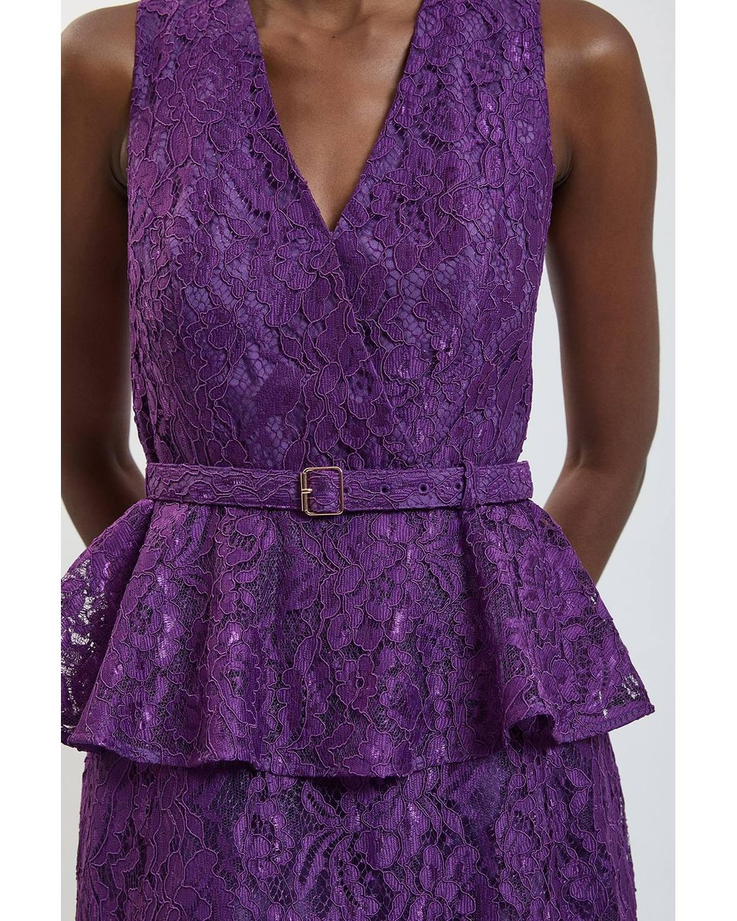 Karen Millen Purple Peplum Detail Belted Lace Midi Dress