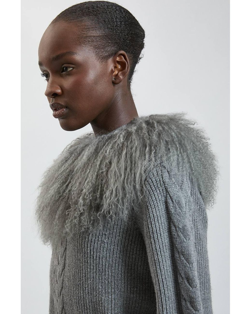 Karen Millen Cable Knit Viscose Blend Shearling Collar Jumper in Grey ...