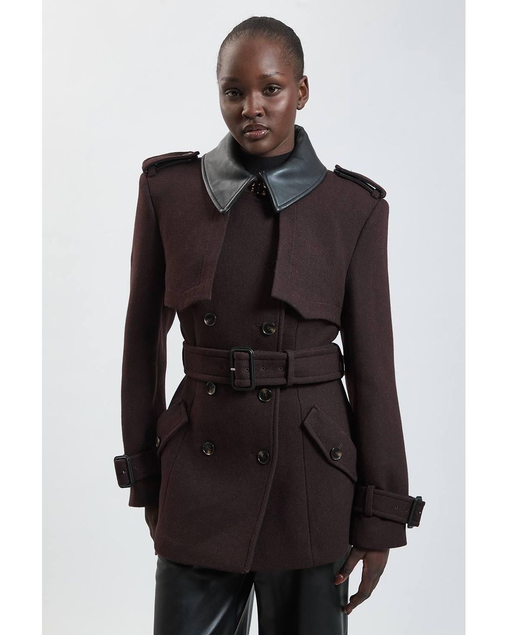 Karen Millen Black Wool & Faux Leather Detail Short Pea Coat
