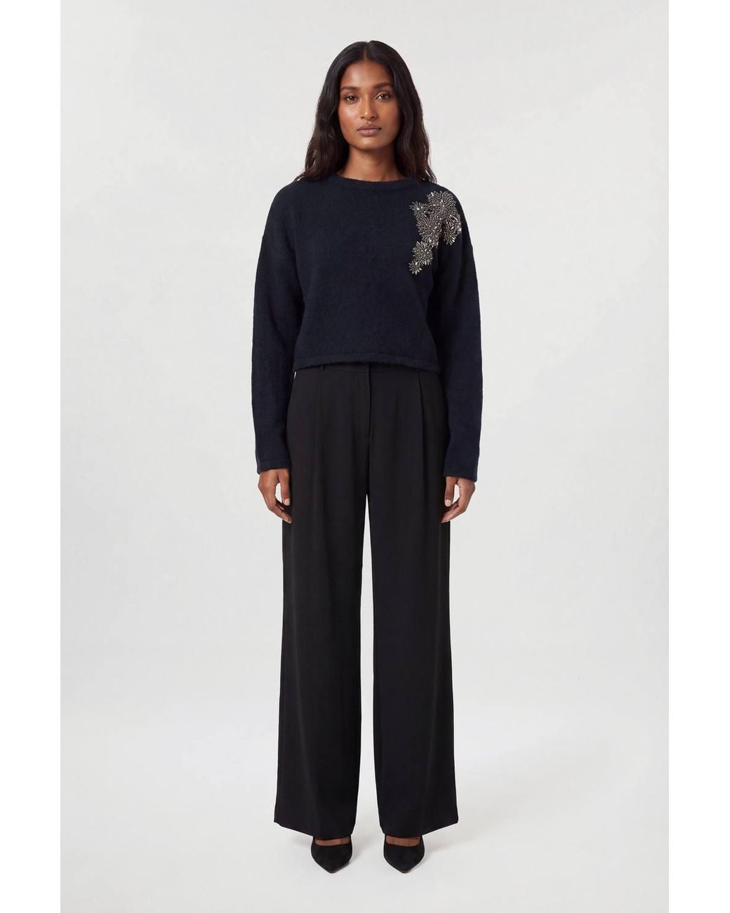 Karen Millen Blue Wool Blend Embellished Cosy Crew Neck Knit Jumper