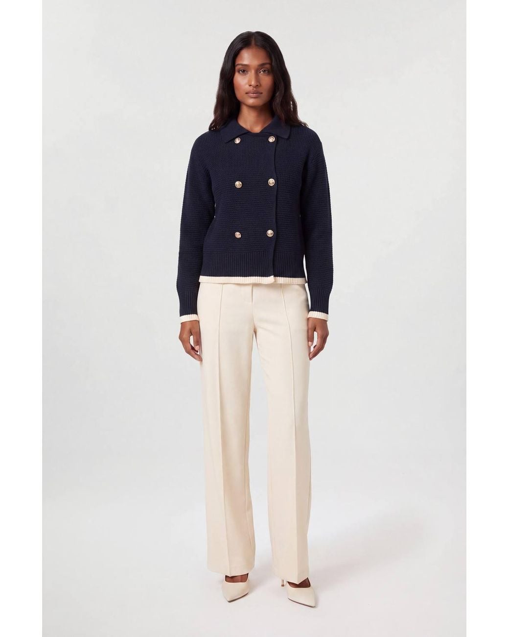 Karen Millen Blue Cotton Button Detail Knit Boxy Cardigan Sweater