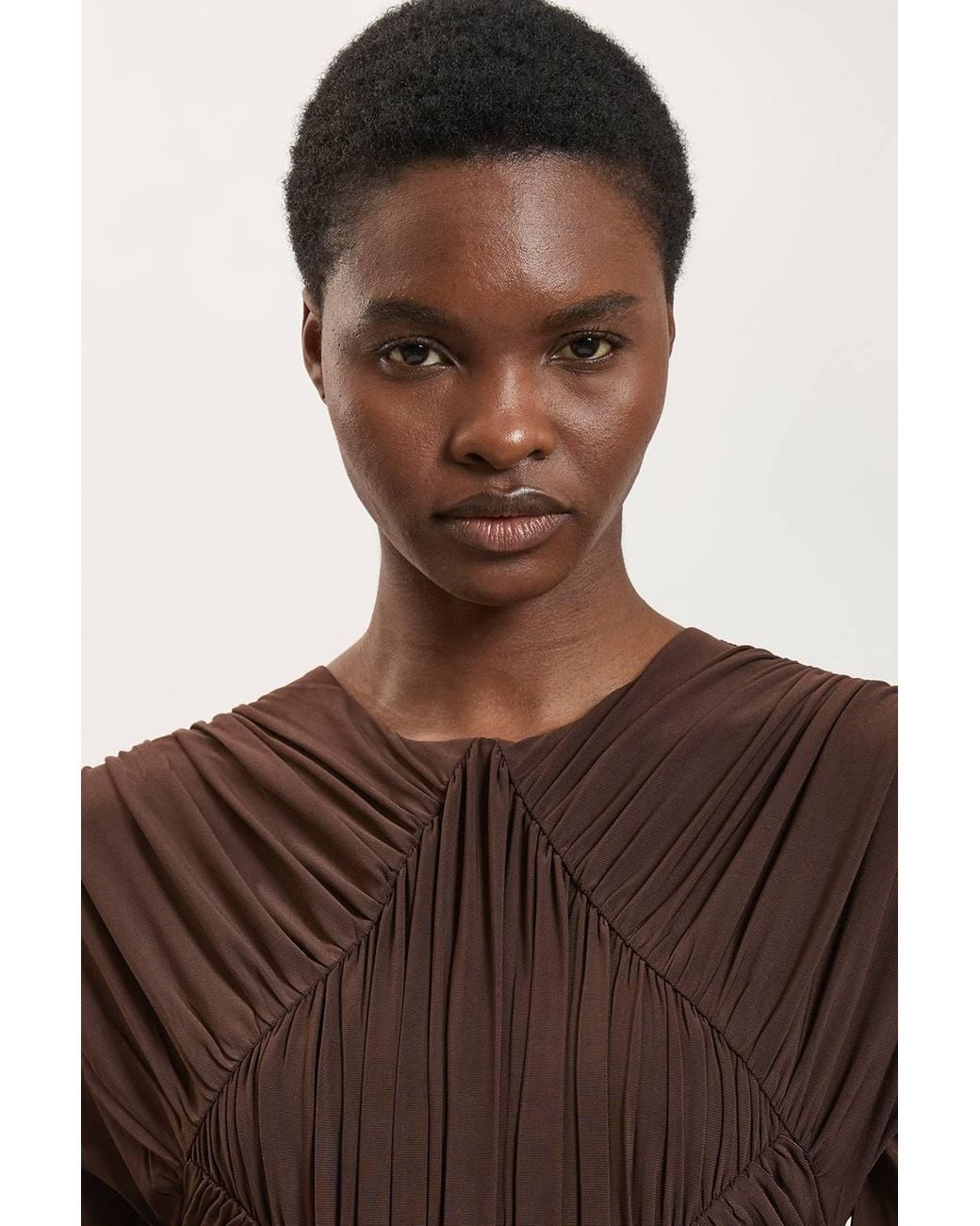 Karen Millen Brown Premium Ruched Long Sleeved Jersey Maxi Dress