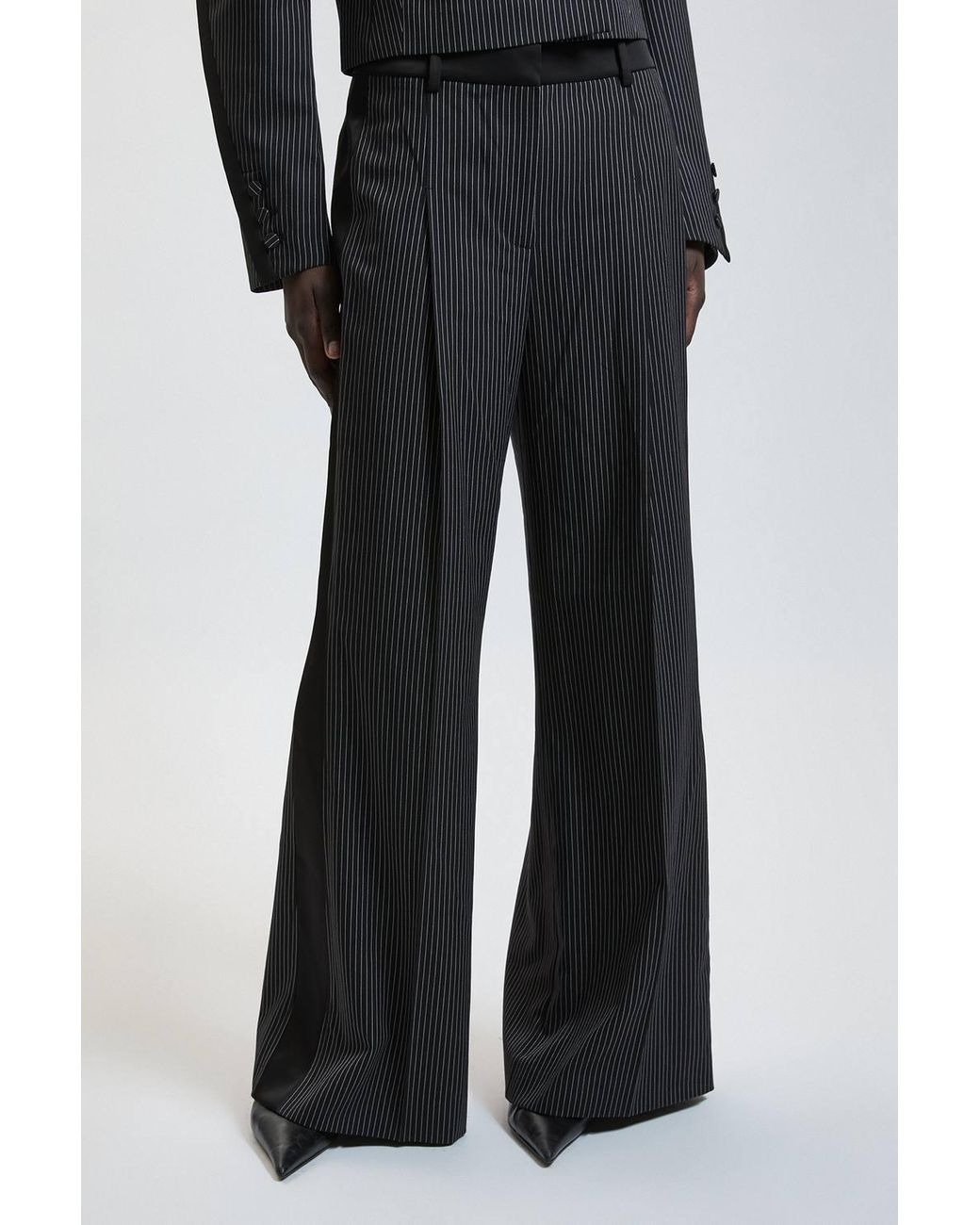 Karen Millen Blue Pinstripe Satin Mix Tailored Wide Leg Trouser