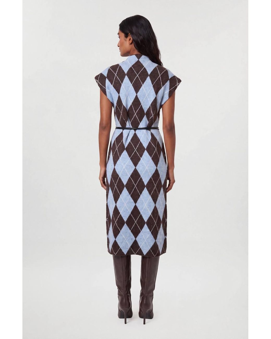 Karen Millen Blue Studded Argyle Wool Blend Cosy Knit Belted Midi Dress