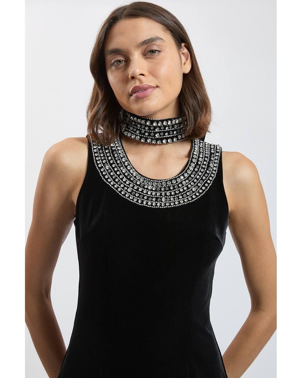 Karen Millen Black Crystal Trim Velvet Mini Dress With High Neck