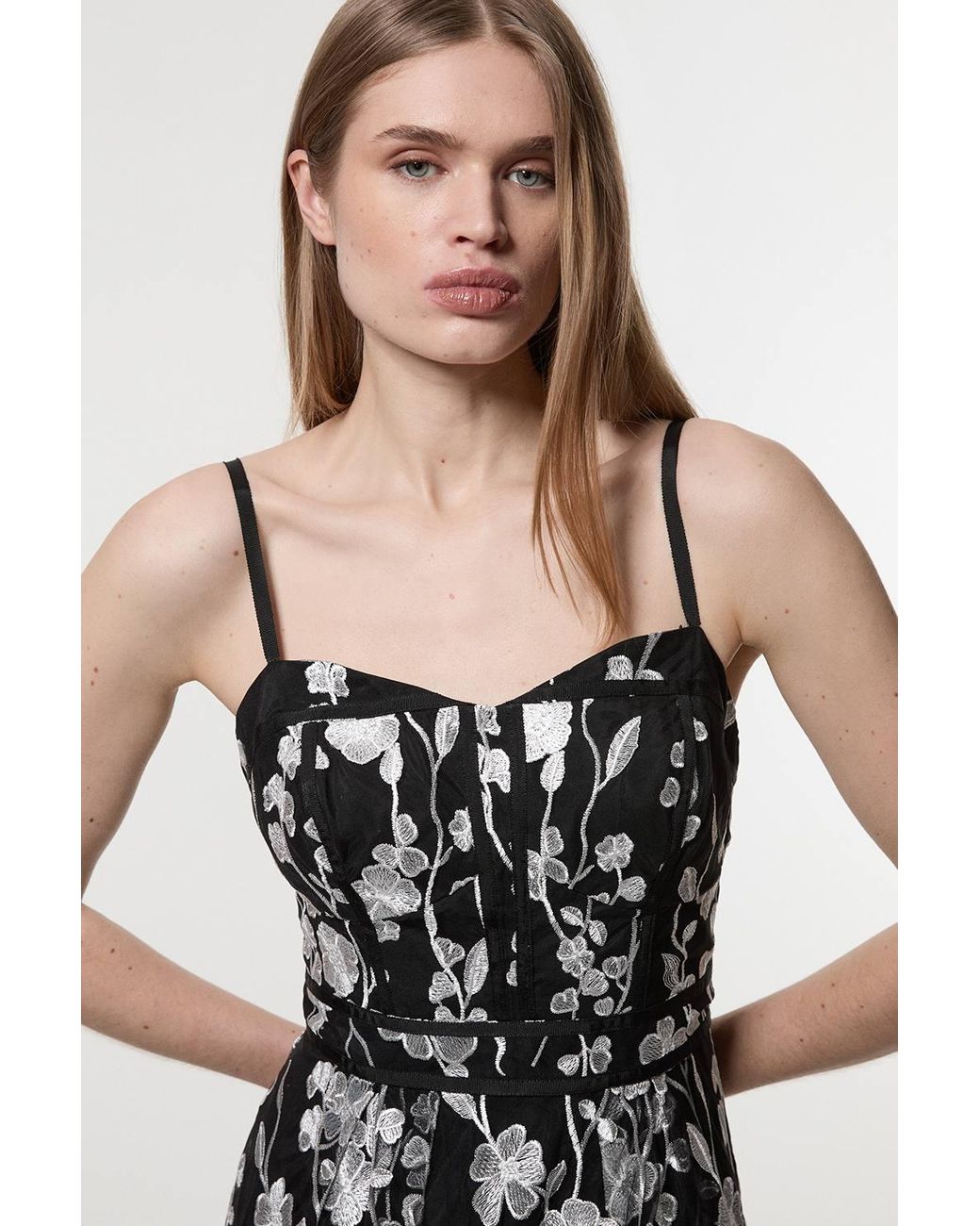 Karen Millen White Floral Applique Corset Detail Woven Midi Dress