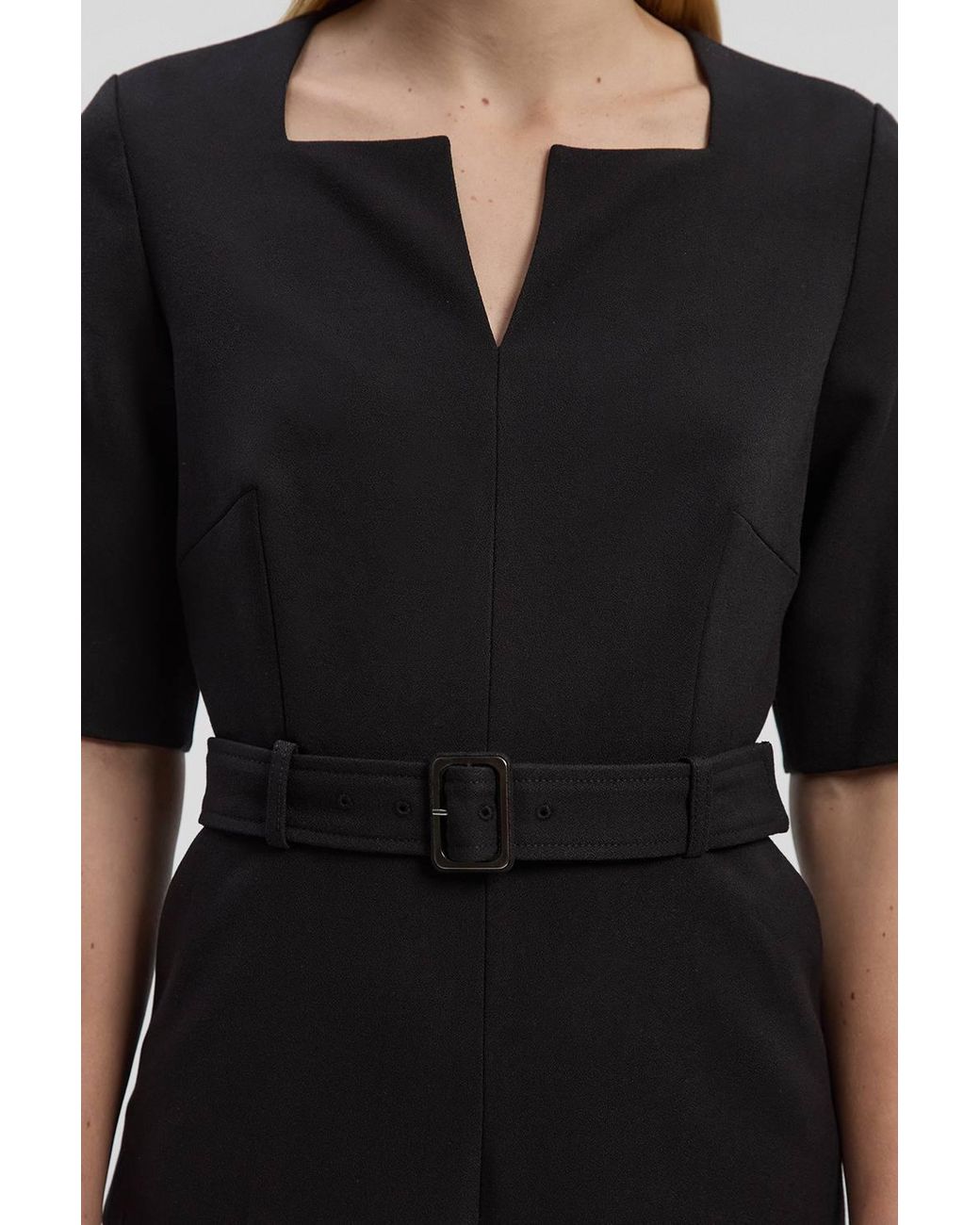 Karen Millen Black Forever Structured Crepe Notch Neck Belted Tailored Jumpsuit