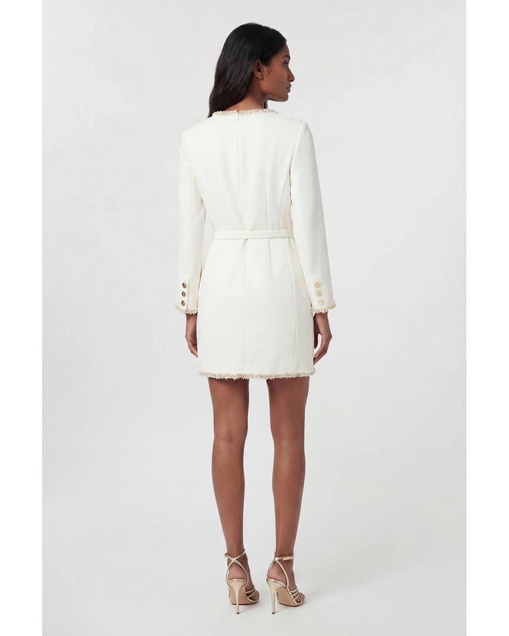 Karen Millen White Petite Tweed Embellished Trim Tailored Belted Mini Dress