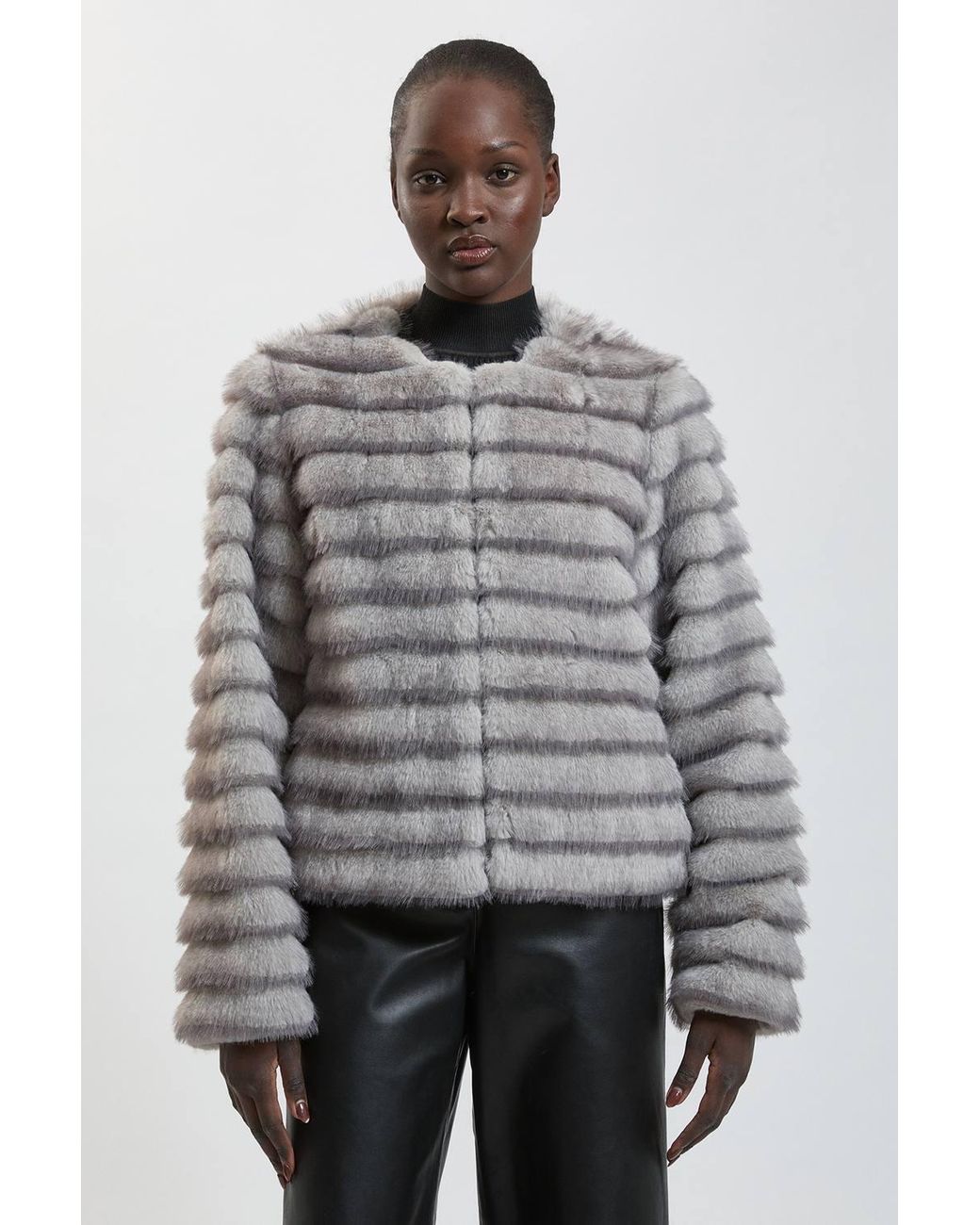 Karen Millen Gray Faux Fur Panelled Long Sleeve Jacket