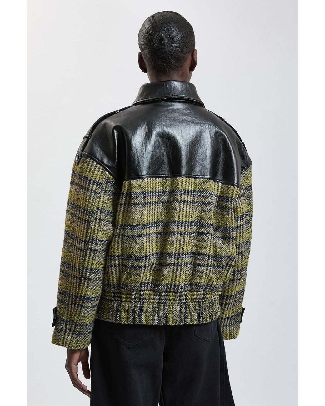 Karen Millen Gray Wool Tweed And Faux Leather Mix Short Coat