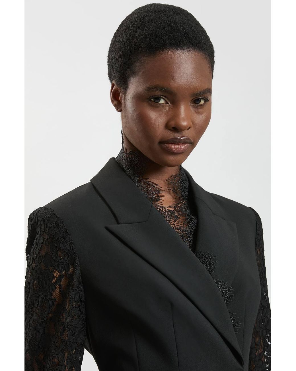 Karen Millen Black Compact Stretch Lace Sleeve Blazer Mini Dress