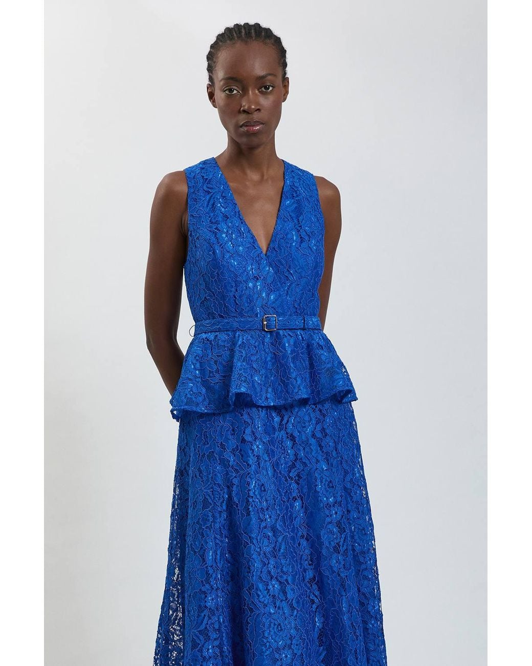Karen Millen Blue Peplum Detail Belted Lace Midi Dress