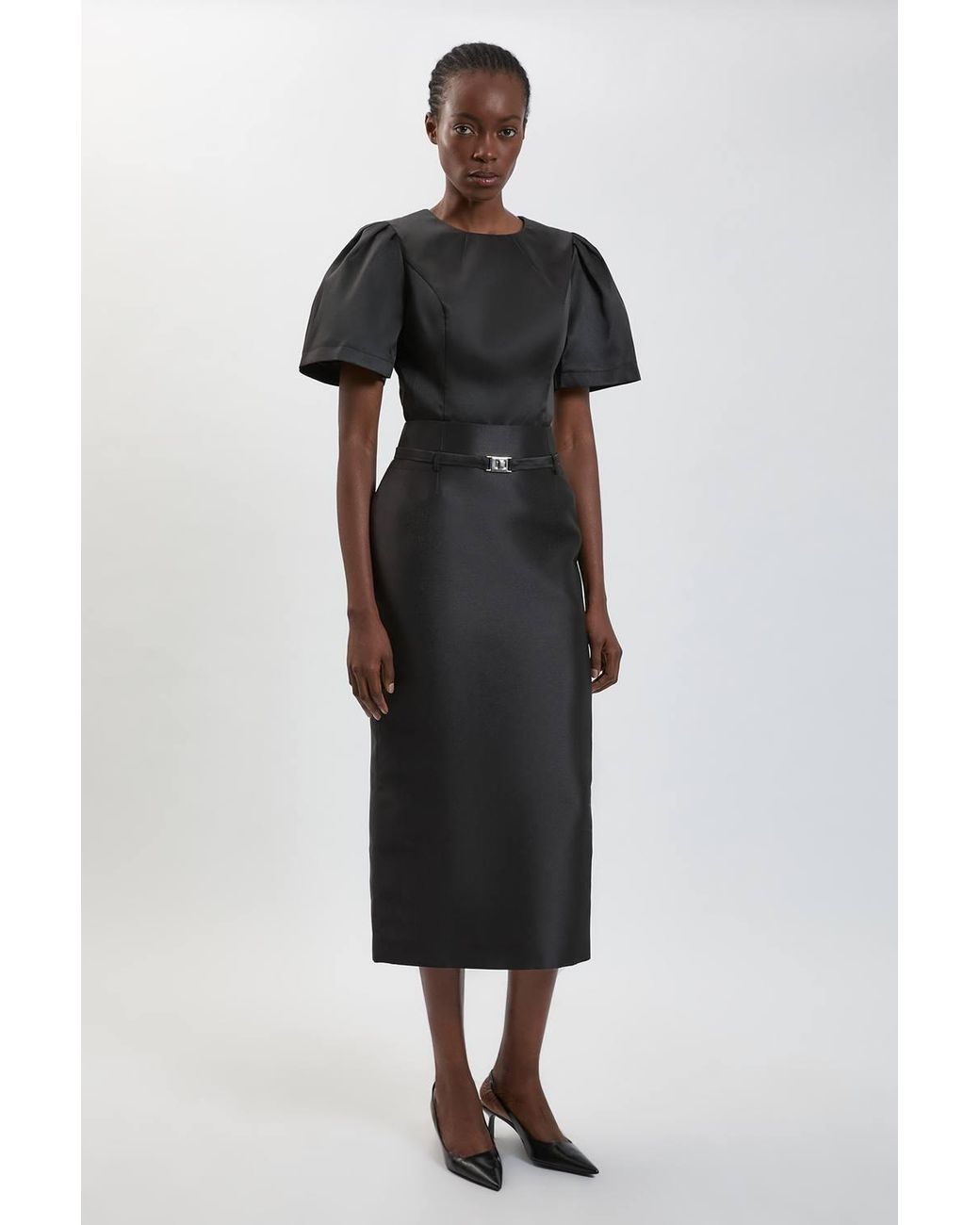 Karen Millen Black Satin Twill Belted Maxi Skirt