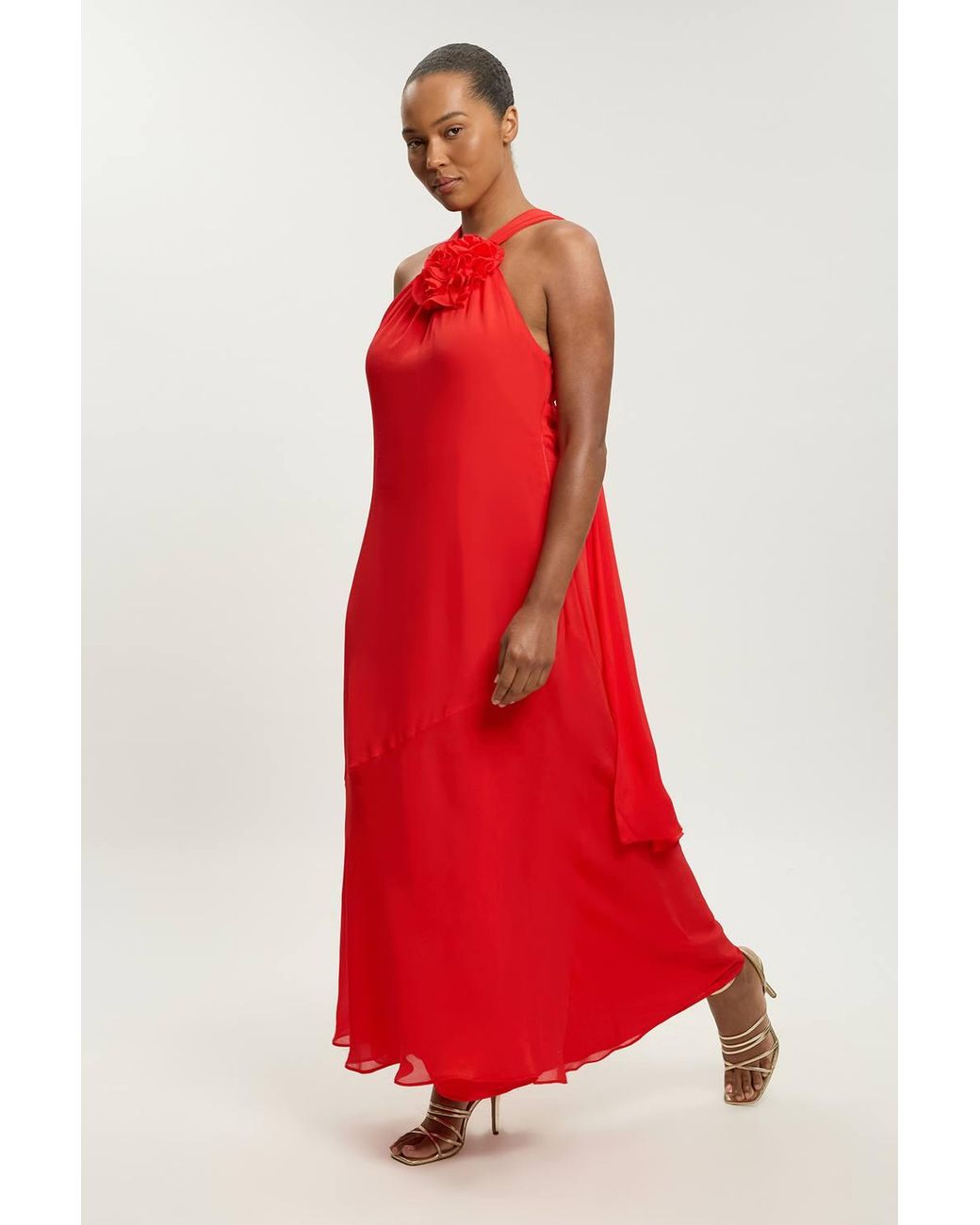 Karen Millen Red Plus Size Viscose Georgette Rosette Ruffle Halterneck Maxi Dress