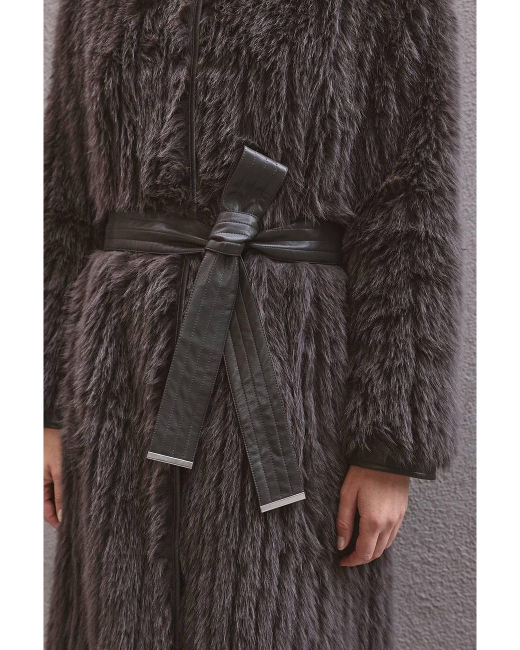 Karen Millen Black Textured Faux Fur Belted Collarless Long Coat