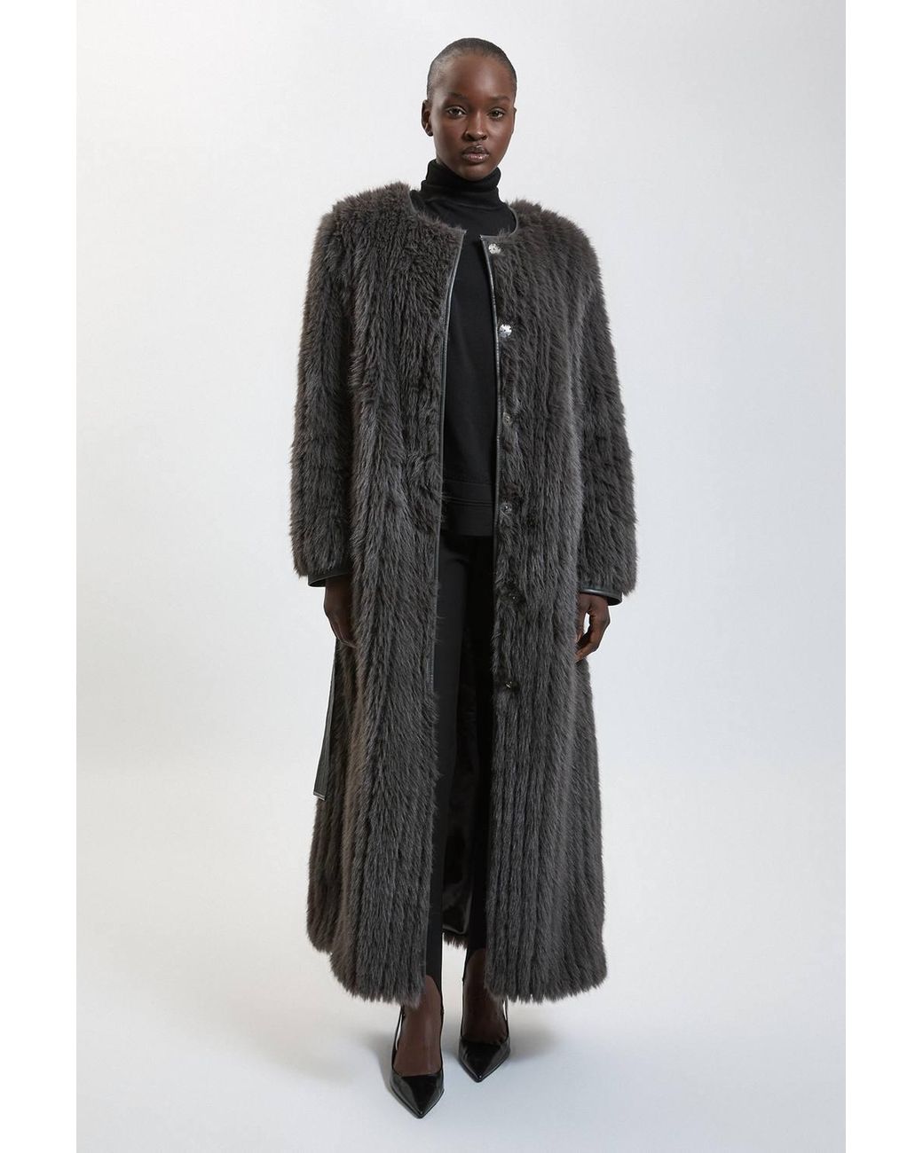Karen Millen Black Textured Faux Fur Belted Collarless Long Coat