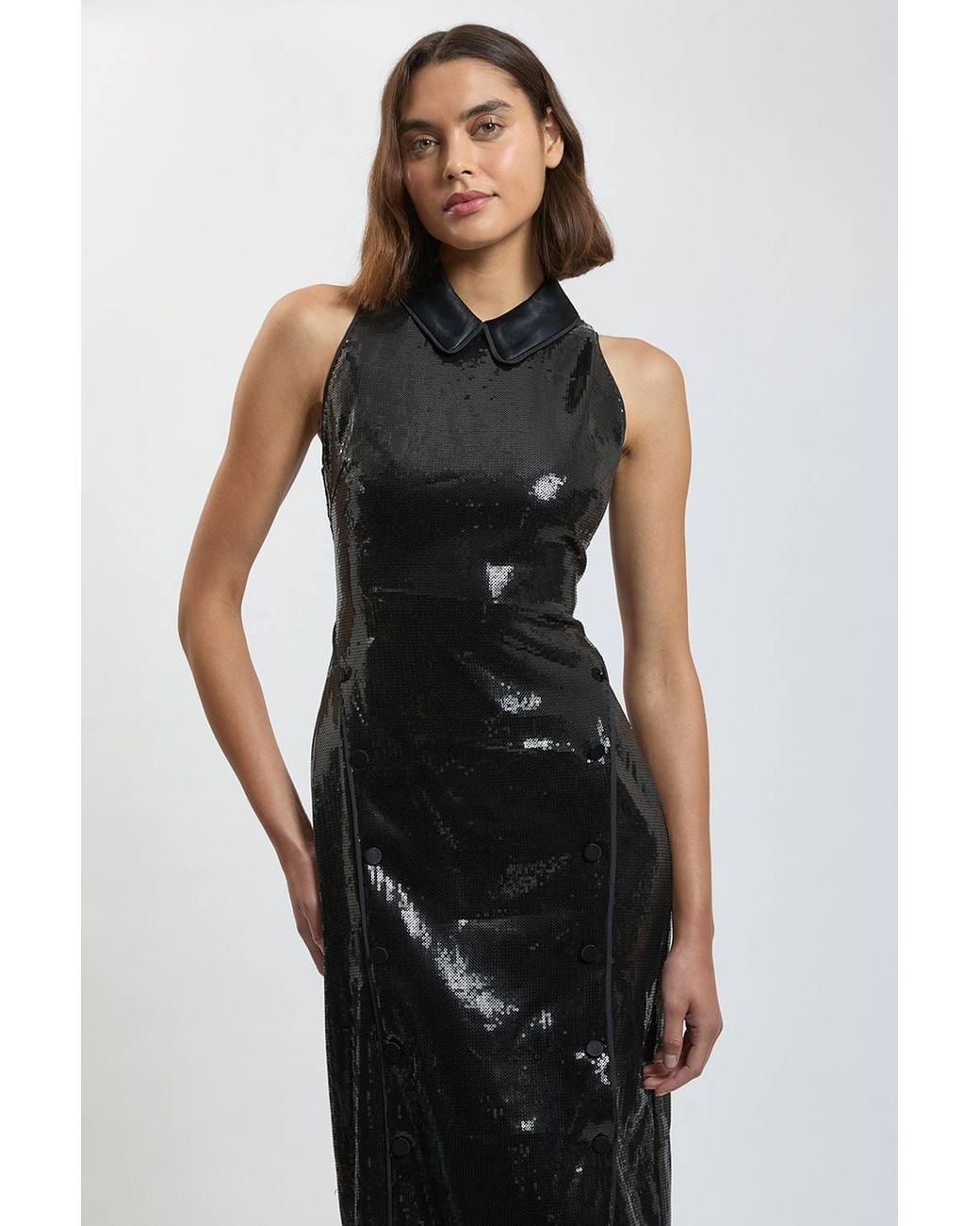 Karen Millen Black Sequin And Satin Mix Tailored Midi Dress