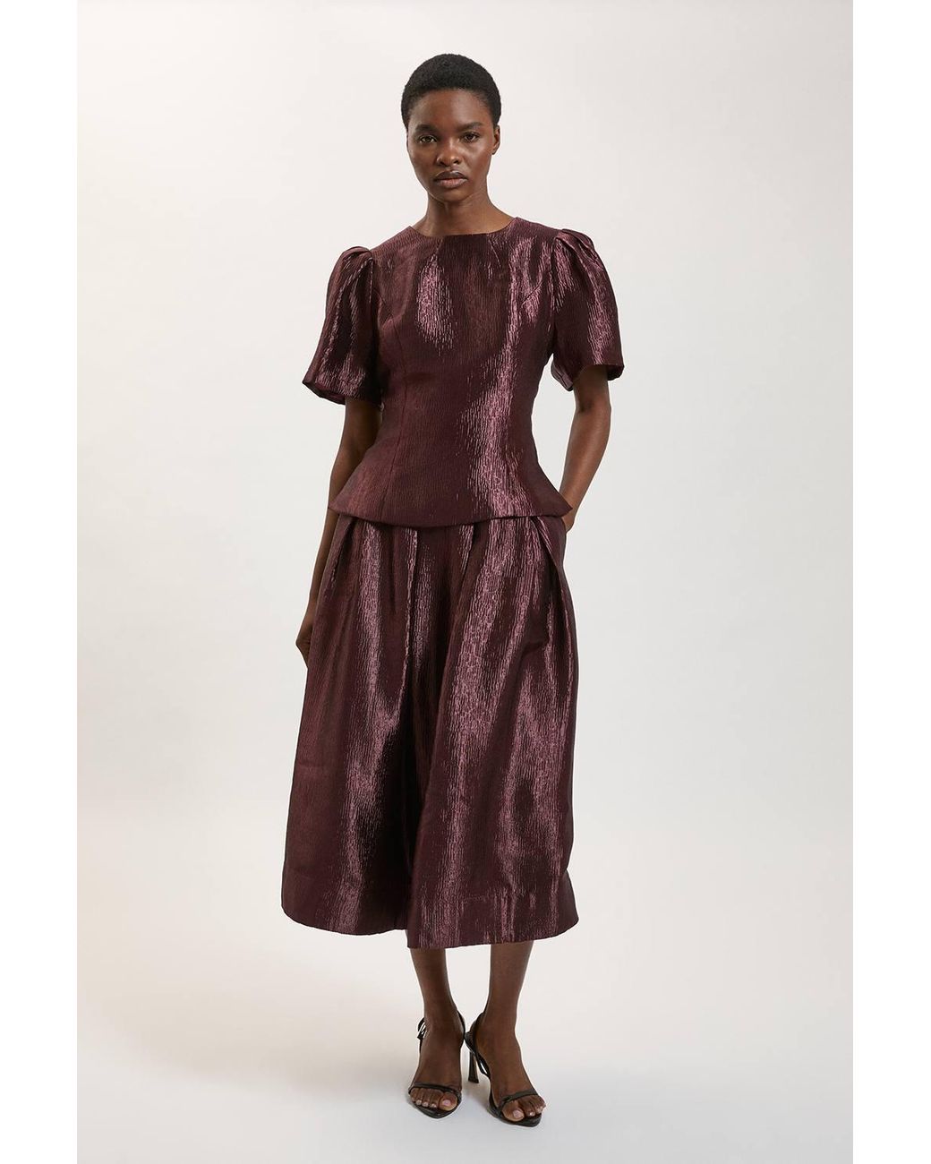Karen Millen Metallic Textured Puff Sleeve Top