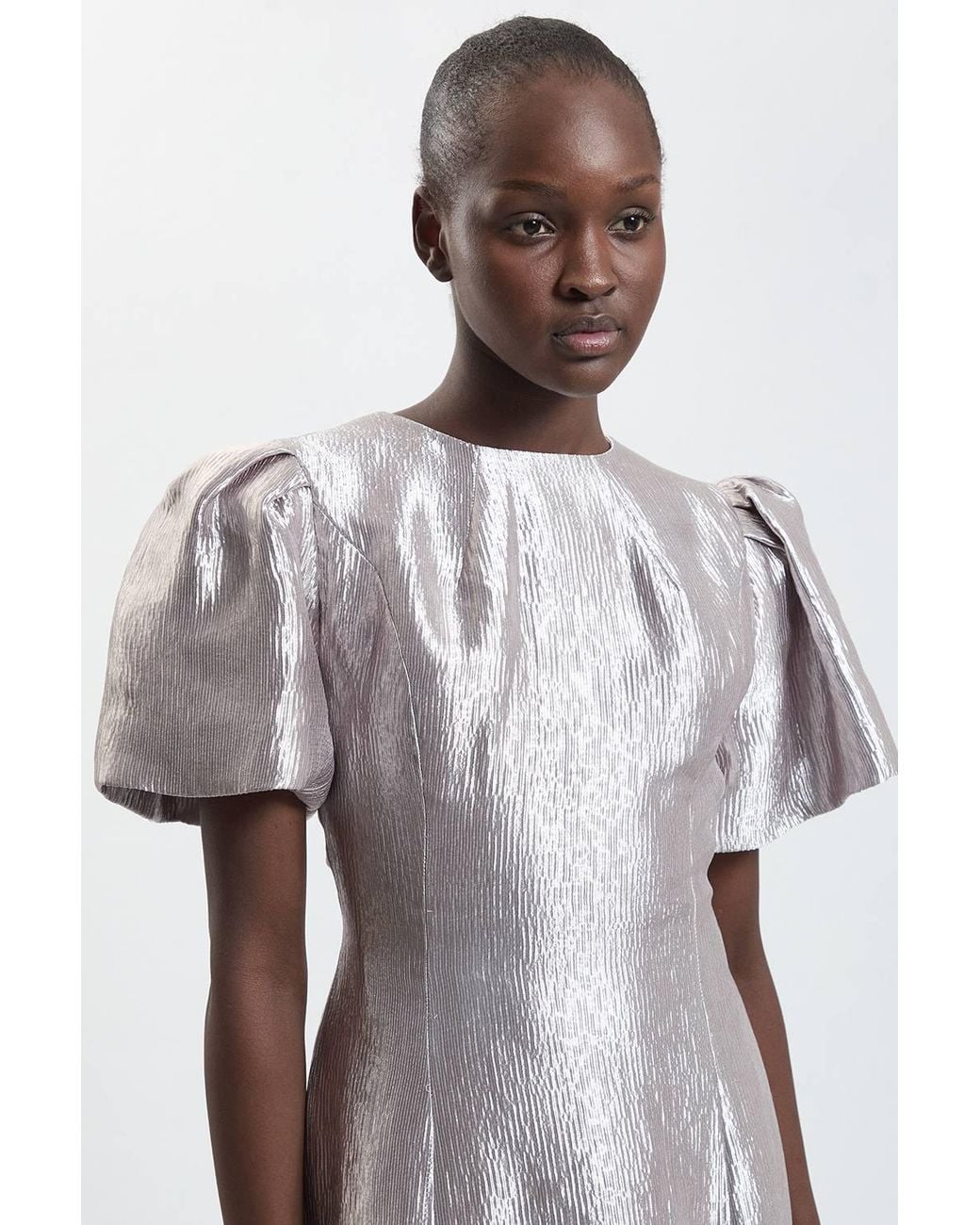 Karen Millen White Puff Sleeve Metallic Textured Midi Dress