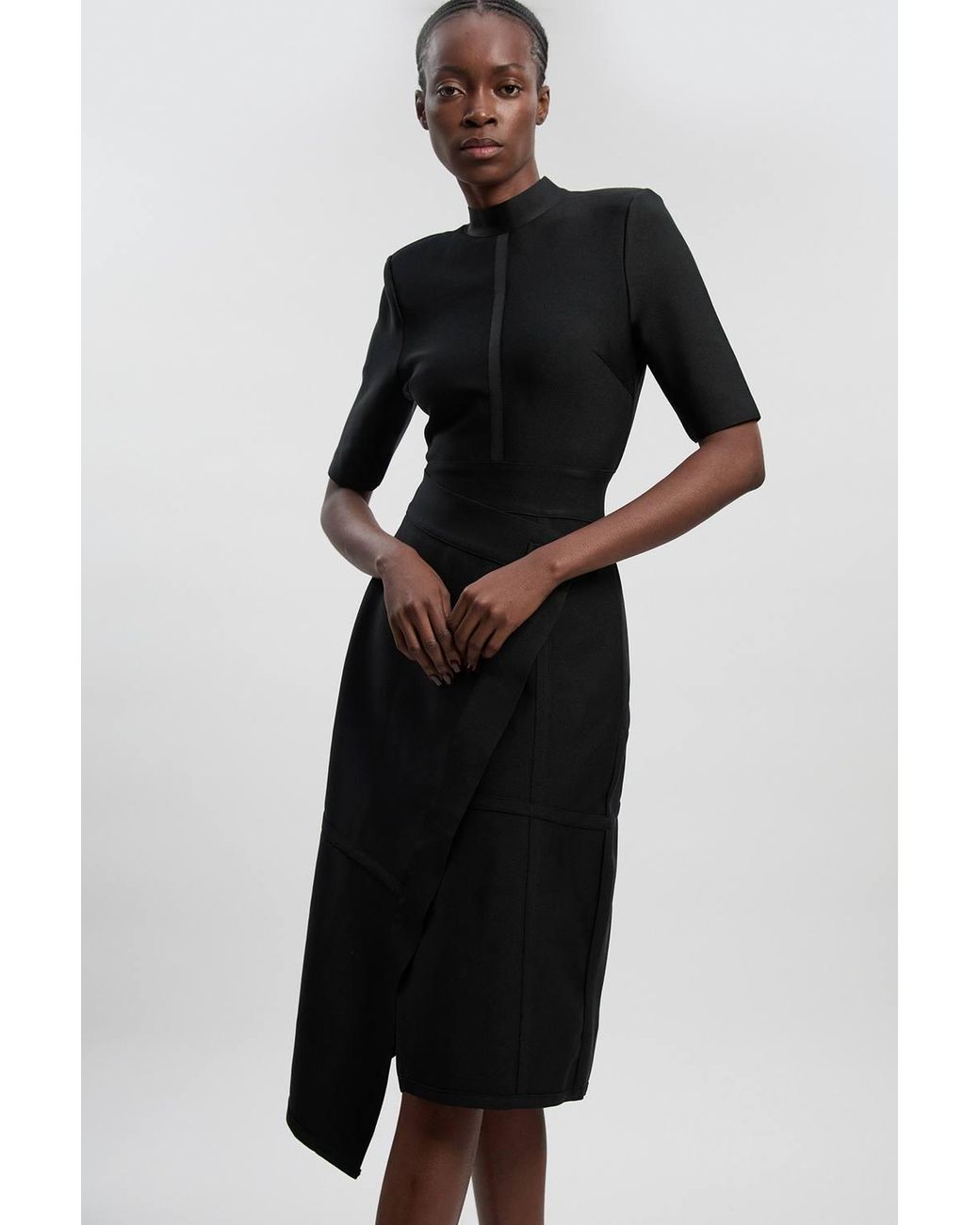Karen Millen Black Figure Form Bandage Asymmetric Knit Midi Dress