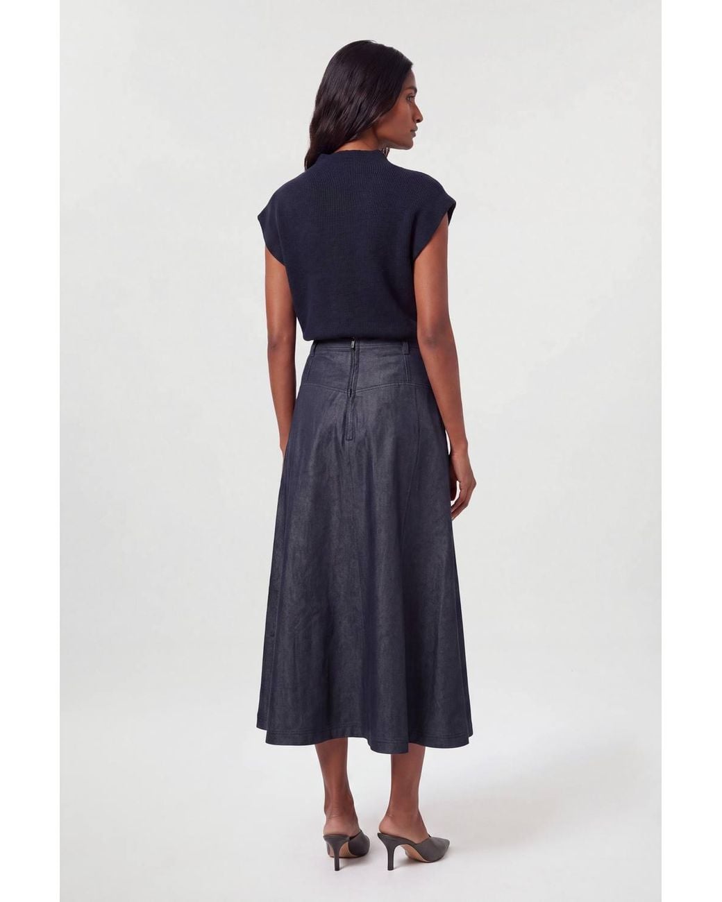 Karen Millen Blue Metallic Denim Coated Aline Skirt