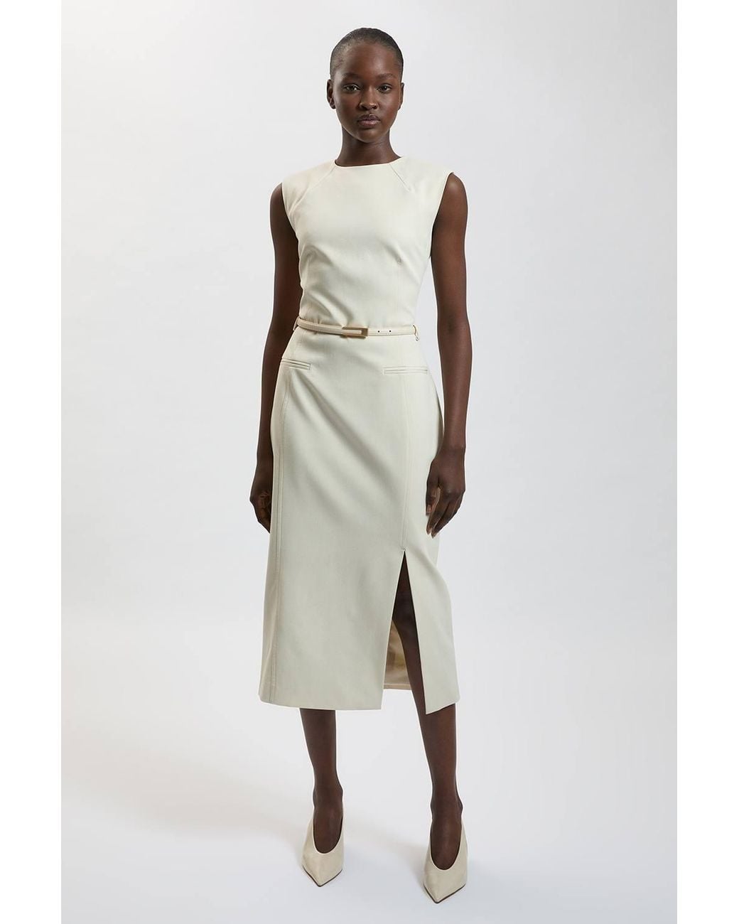 Karen Millen White Tailored Belted Midi Skirt Pencil Dress