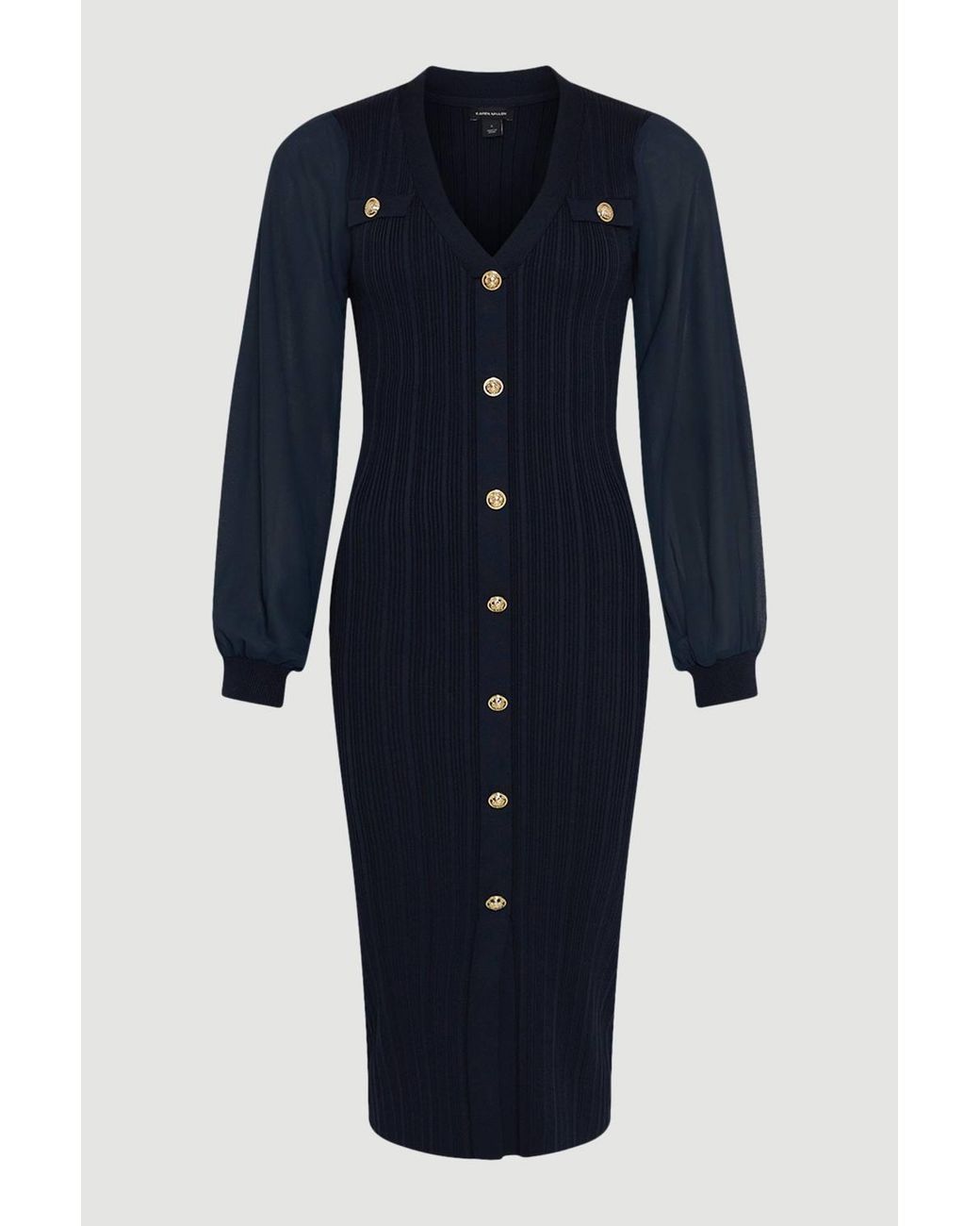 Karen Millen Blue Petite Forever Viscose Blend Rib Knit Chiffon Sleeve Midi Dress