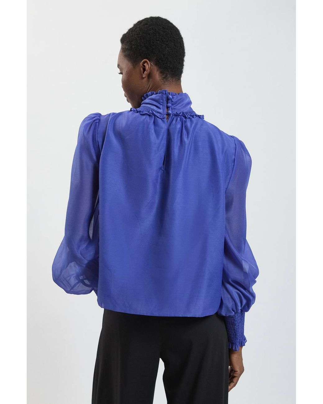 Karen Millen Blue High Neck Ruched Detail Blouse