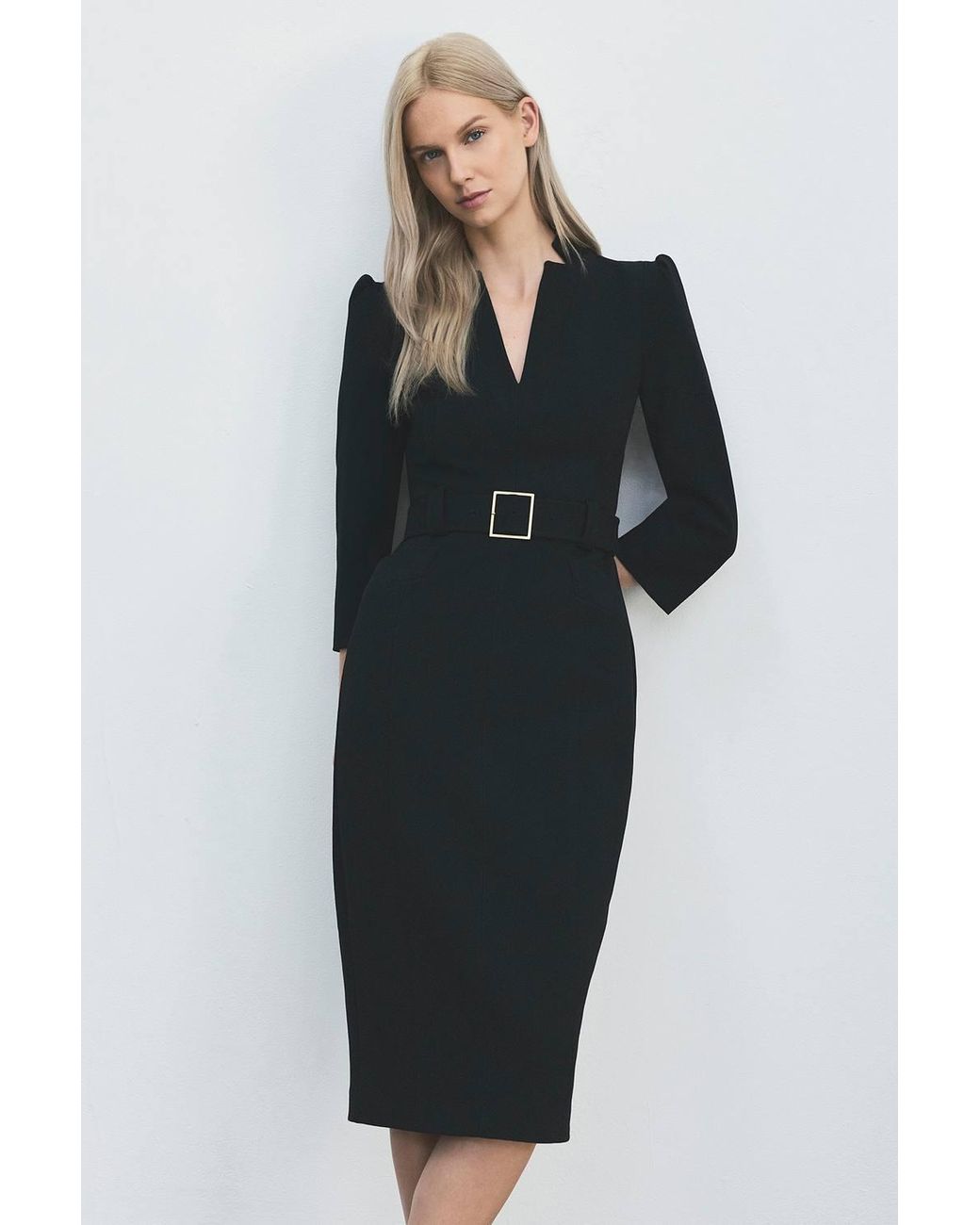 Karen Millen Black Petite Forever Structured Crepe Belted Forever Midi Dress